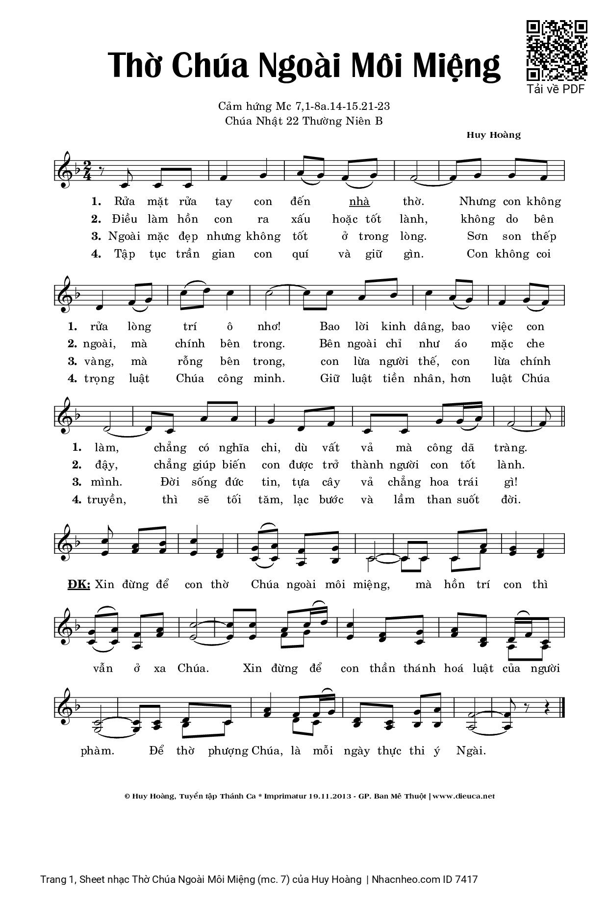Sheet PDF of Thờ Chúa Ngoài Môi Miệng (mc. 7)