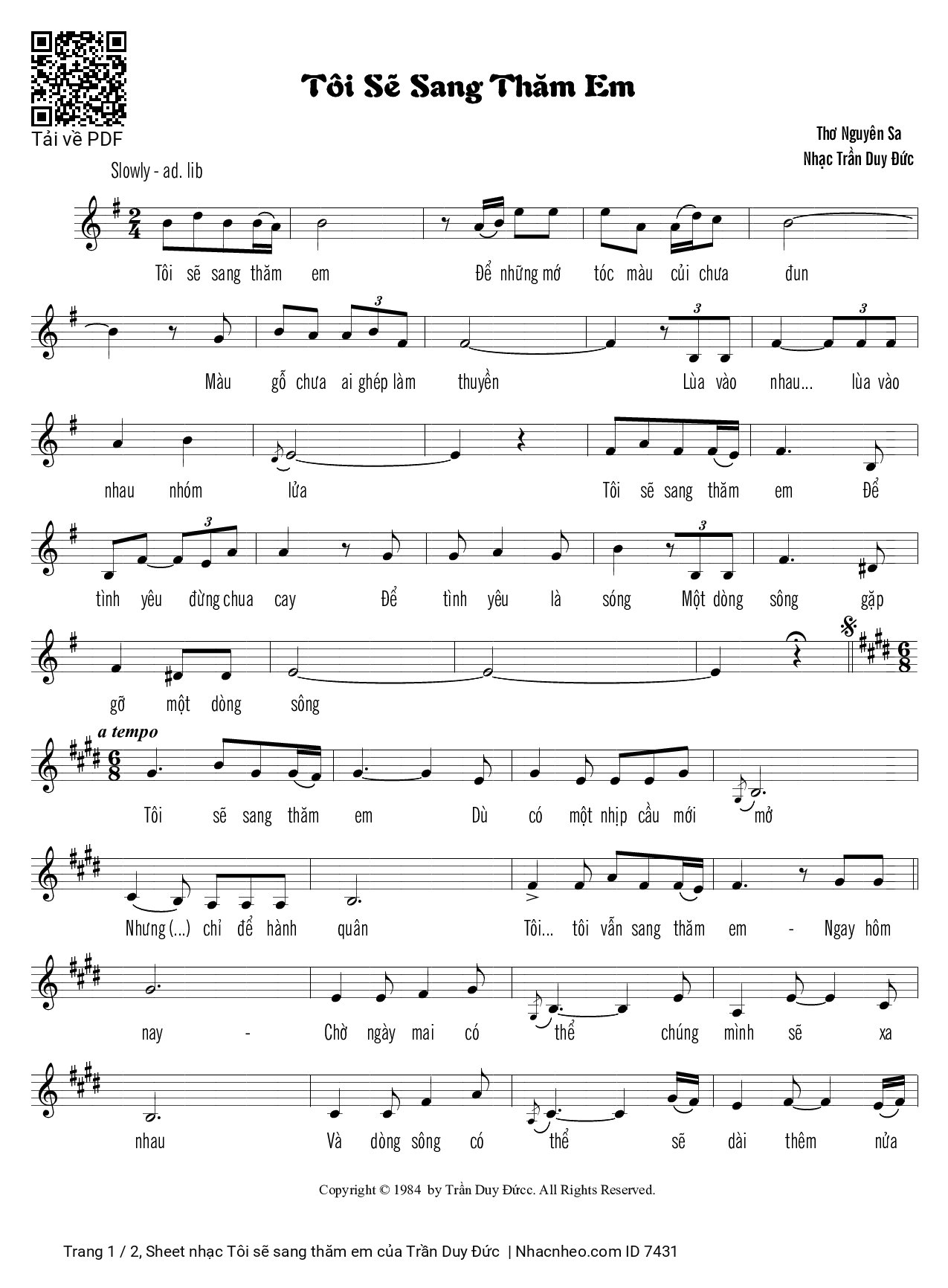 Page 1 of Sheet music PDF Tôi sẽ sang thăm em - Trần Duy Đức