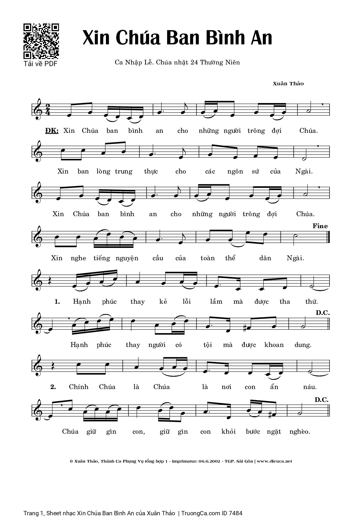 Sheet PDF of Xin Chúa Ban Bình An