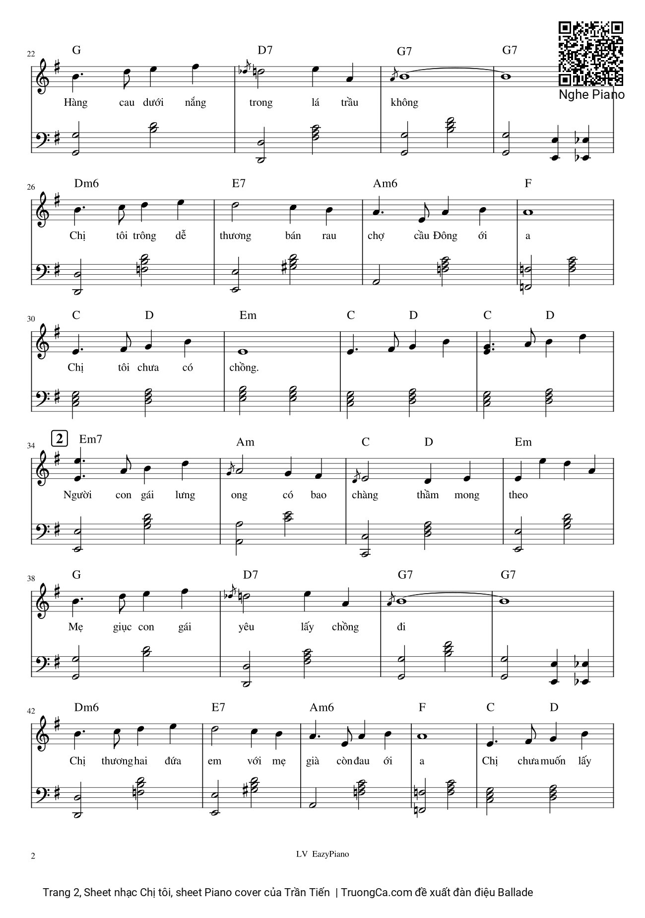Page 2 of Sheet music PDF Chị tôi, sheet Piano cover - Trần Tiến