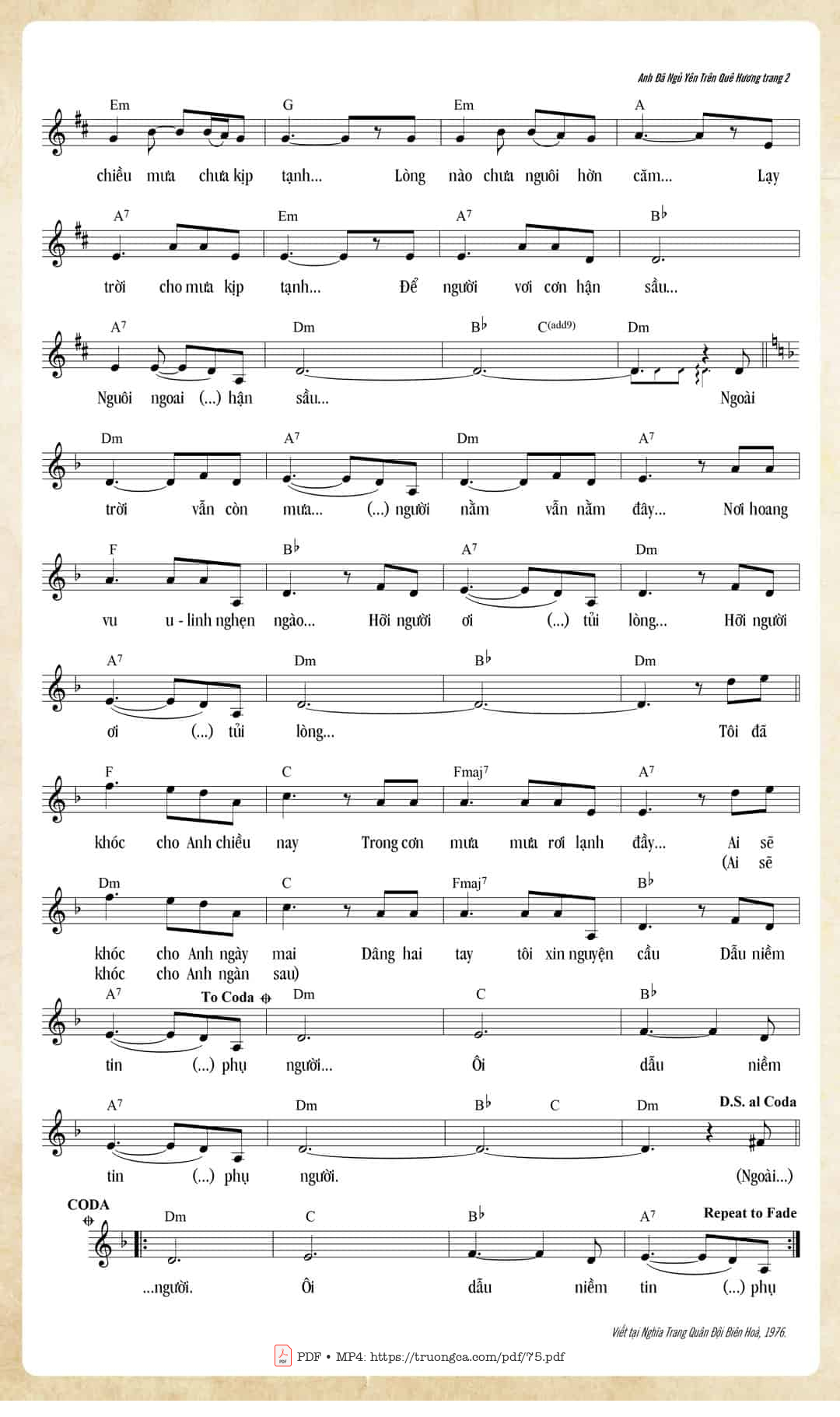 Page 2 of Sheet music PDF Anh đã ngủ yên trên quê hương - Trần Duy Đức