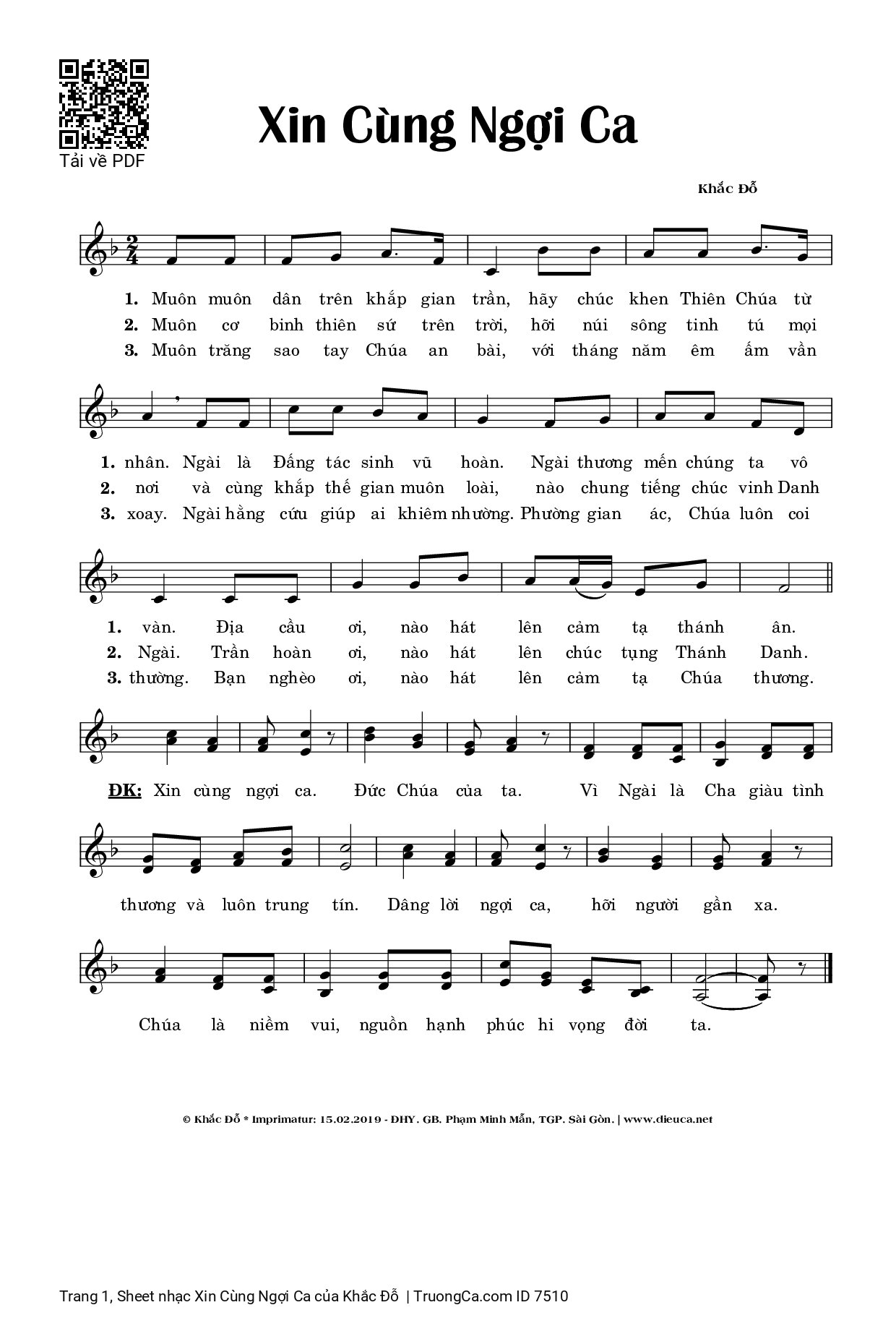 Page 1 of Sheet music PDF Xin Cùng Ngợi Ca - Khắc Đỗ
