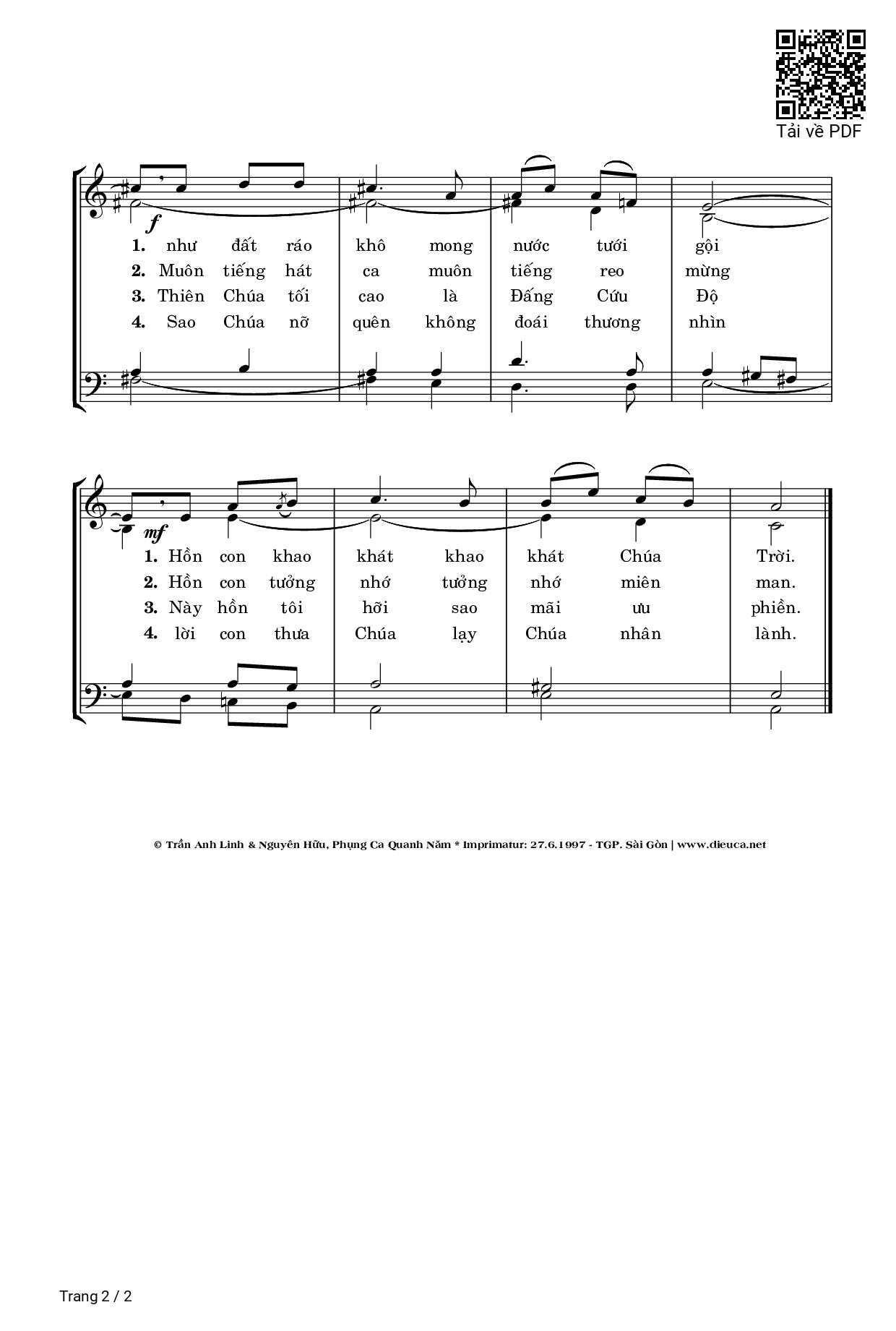 Page 2 of Sheet music PDF Như Nai Rừng (Thánh Vịnh 41) - Nguyên Hữu & Trần Anh Linh