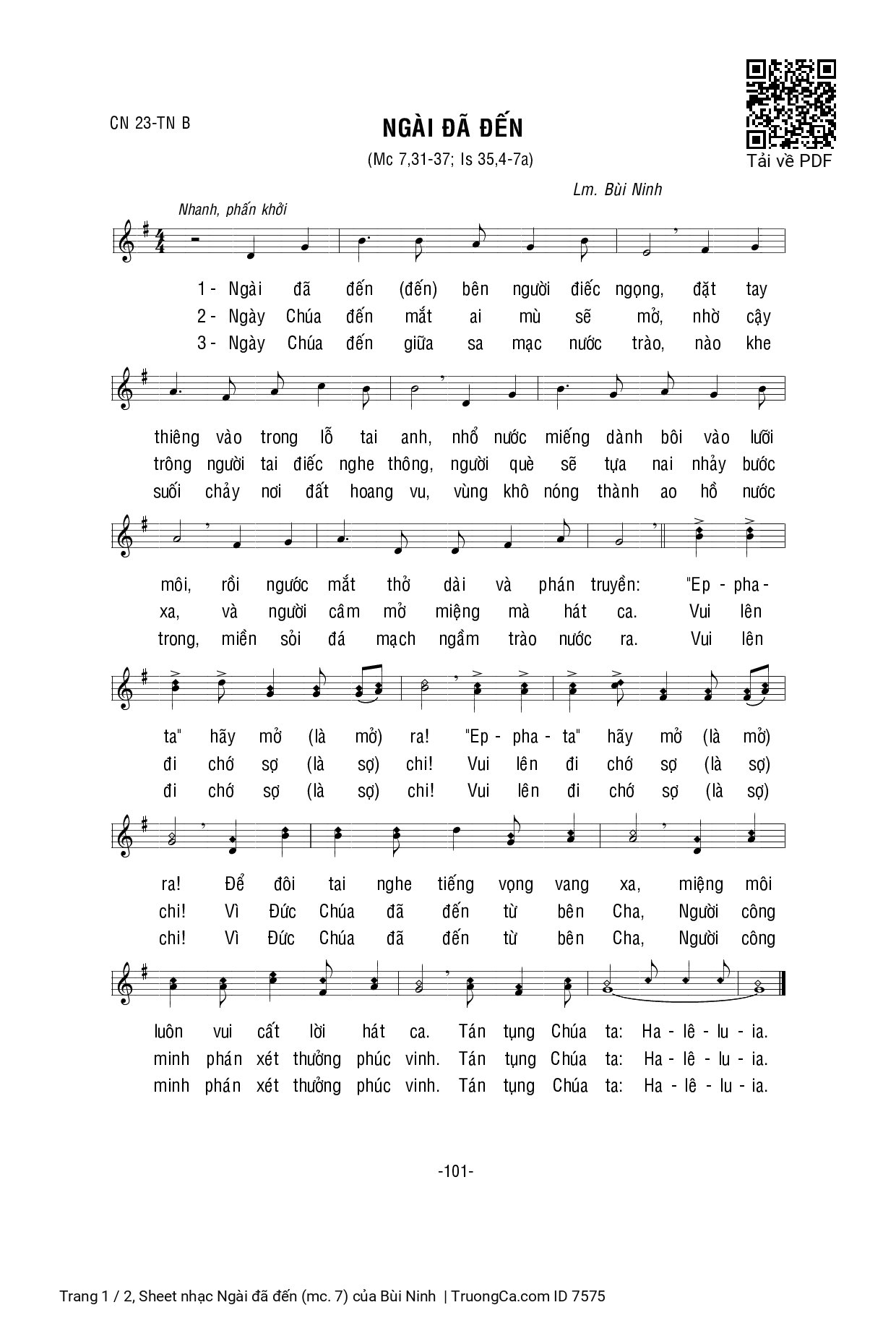 Sheet PDF of Ngài đã đến (mc. 7)