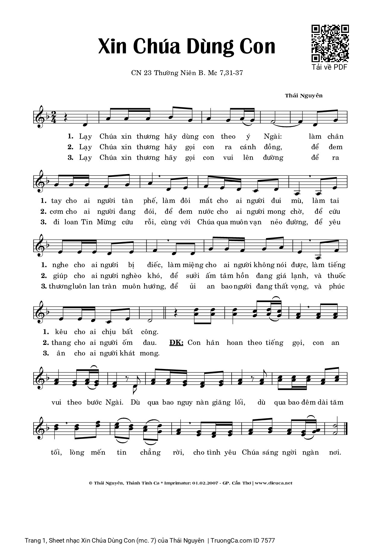 Sheet PDF of Xin Chúa Dùng Con (mc. 7)