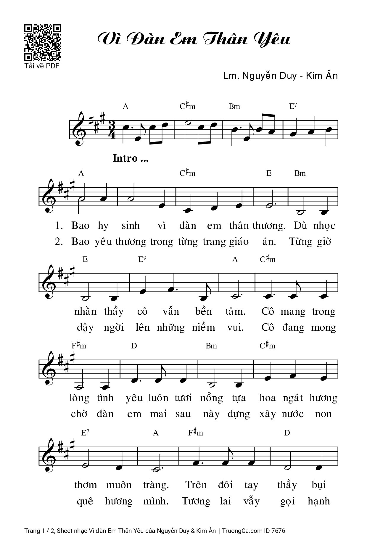 Sheet PDF of Vì đàn Em Thân Yêu