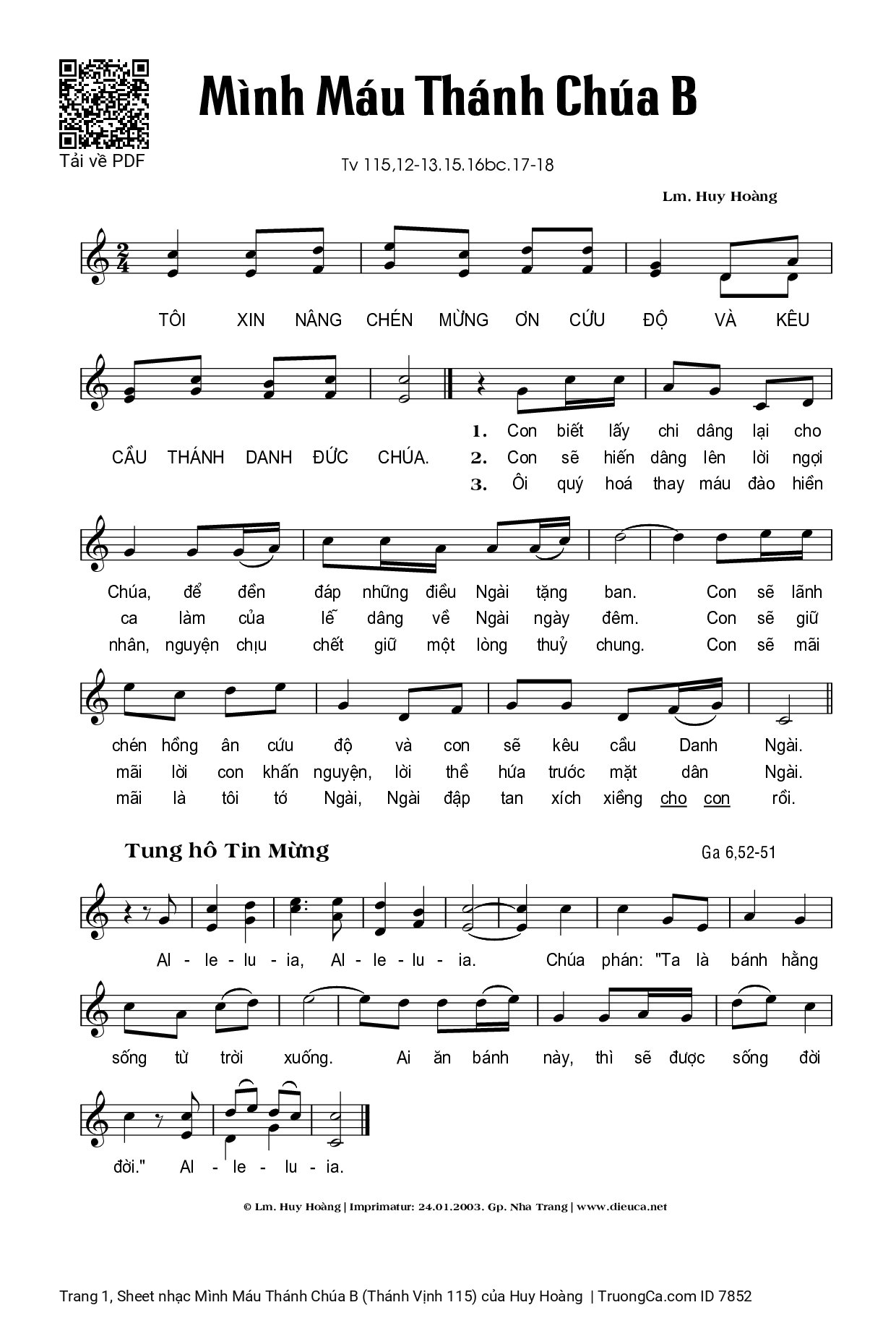 Page 1 of Sheet music PDF Mình Máu Thánh Chúa B (Thánh Vịnh 115) - Huy Hoàng