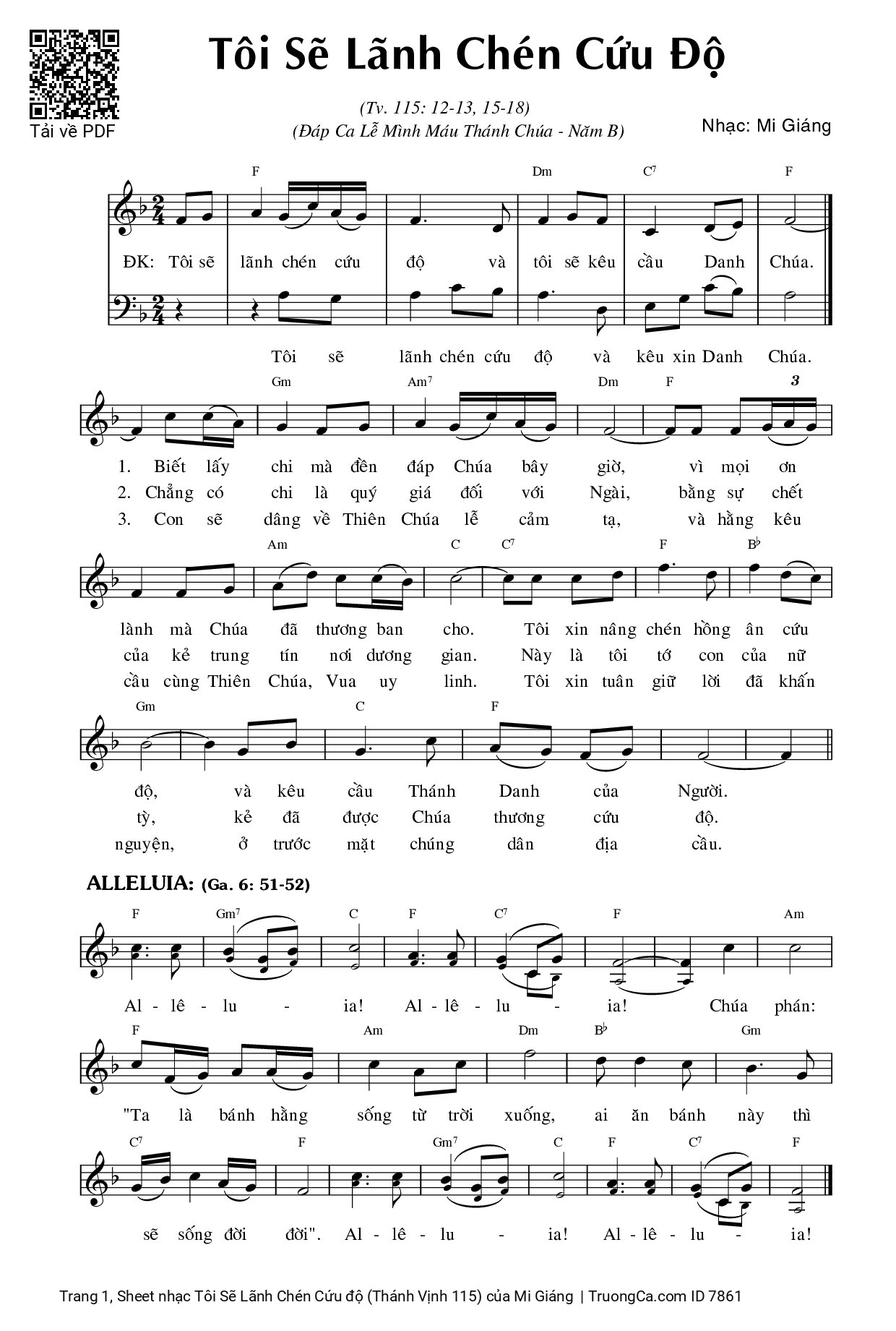 Page 1 of Sheet music PDF Tôi Sẽ Lãnh Chén Cứu độ (Thánh Vịnh 115) - Mi Giáng