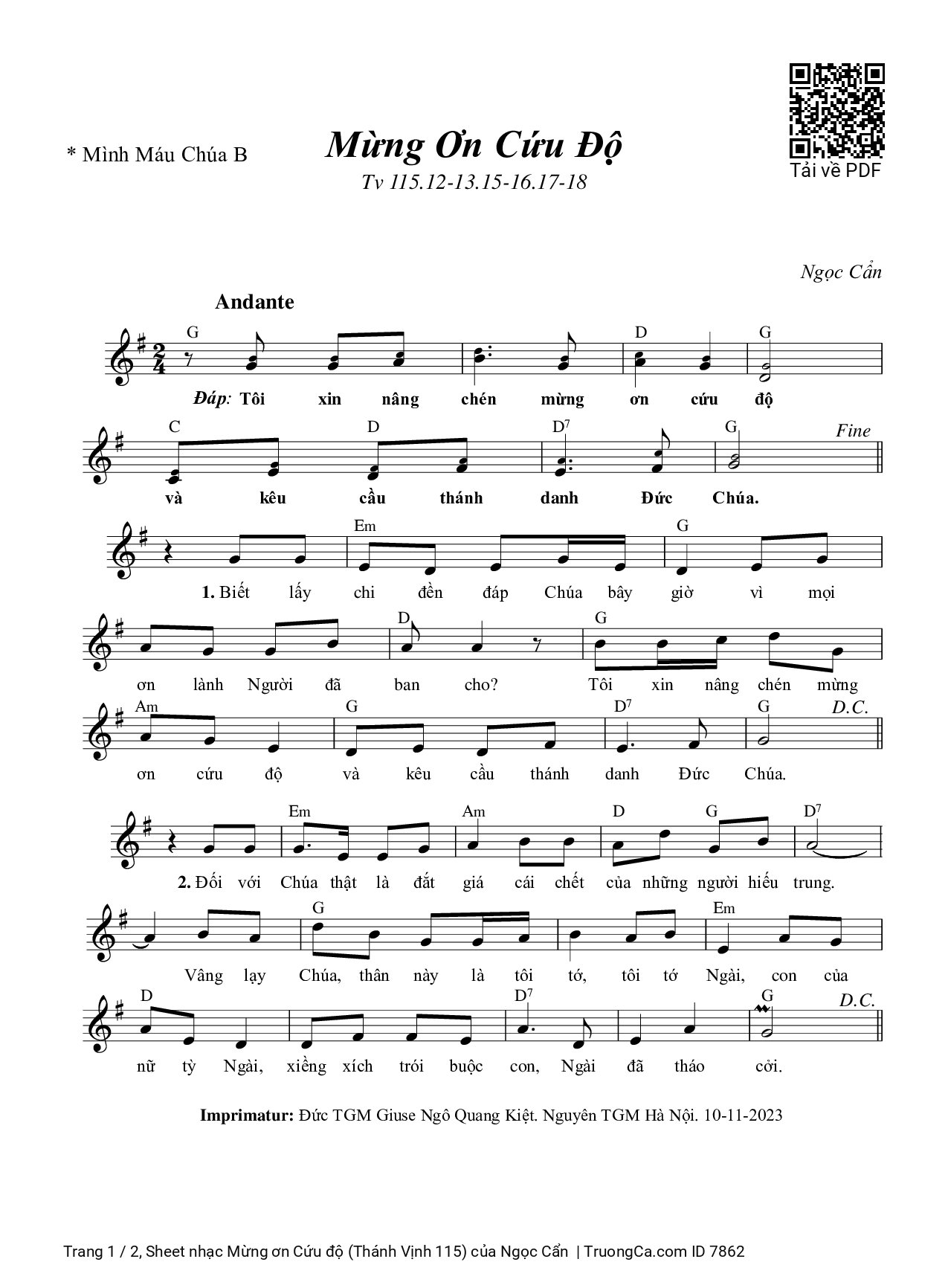 Sheet PDF of Mừng ơn Cứu độ (Thánh Vịnh 115)