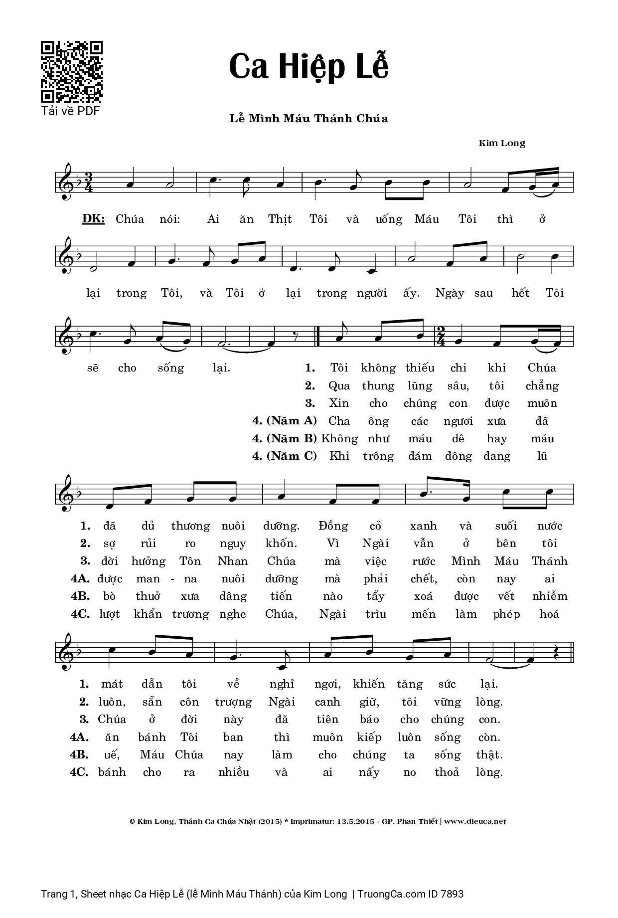 Page 1 of Sheet music PDF Ca Hiệp Lễ (lễ Mình Máu Thánh) - Kim Long