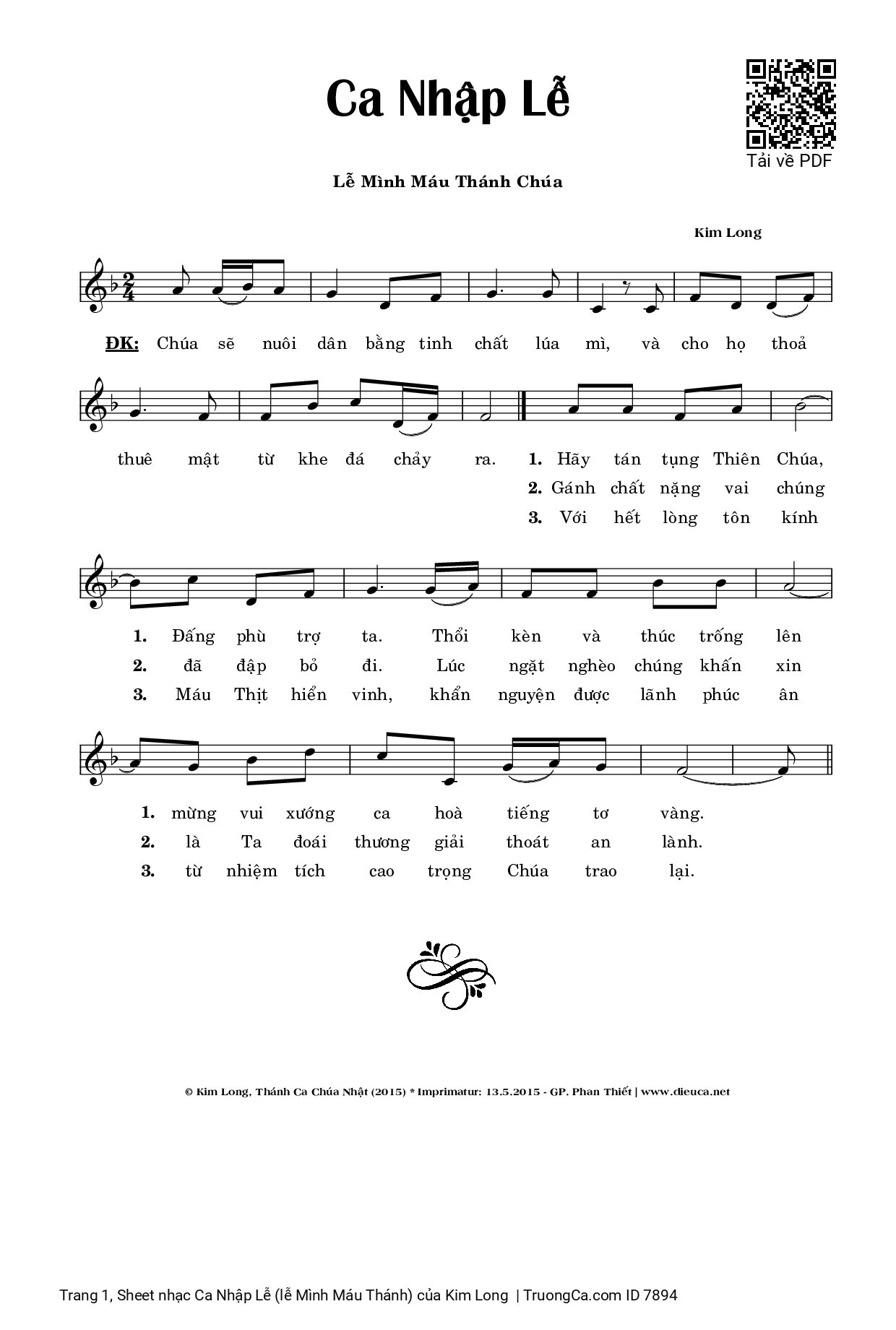 Sheet PDF of Ca Nhập Lễ (lễ Mình Máu Thánh)