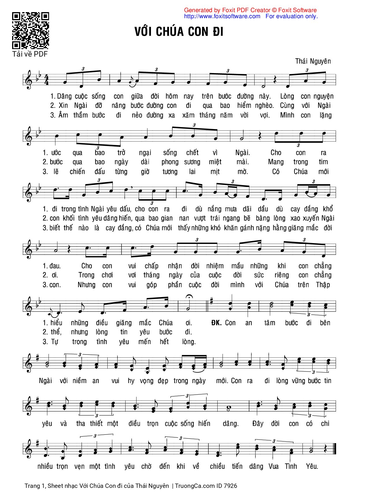 Page 1 of Sheet music PDF Với Chúa Con đi - Thái Nguyên