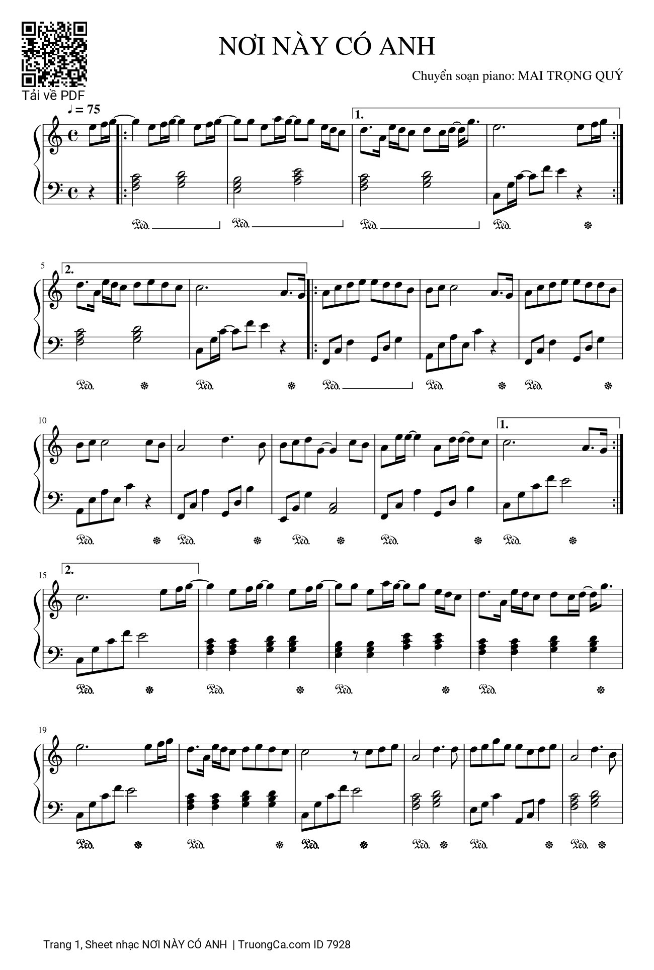 Sheet PDF of Piano Nơi Này có Anh, bản dễ
