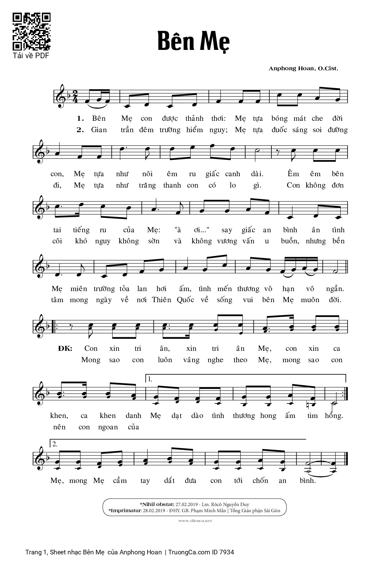 Page 1 of Sheet music PDF Bên Mẹ  - Anphong Hoan
