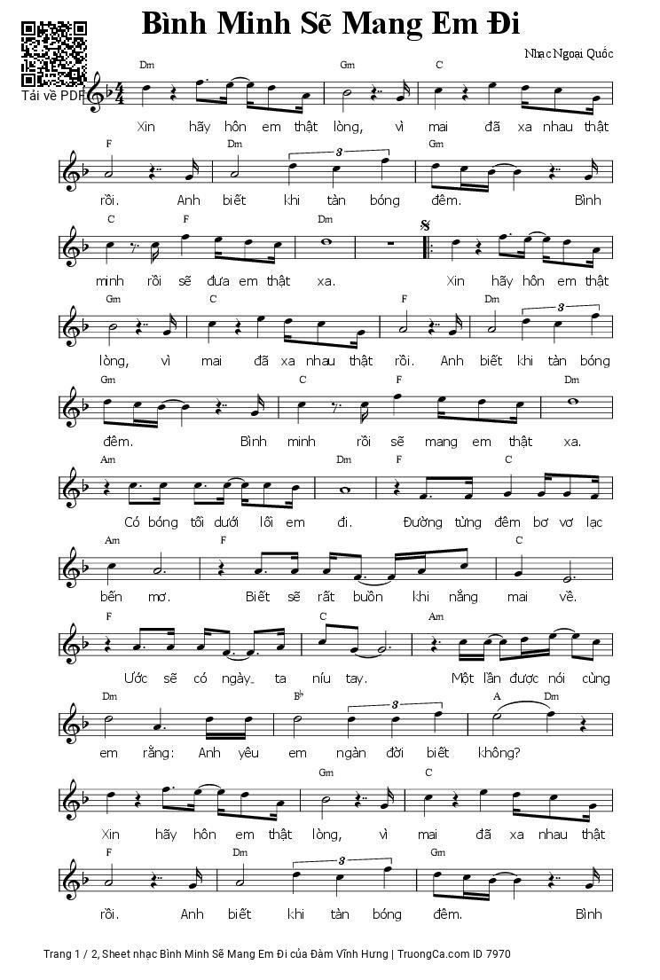 Sheet PDF of Bình Minh Sẽ Mang Em Đi