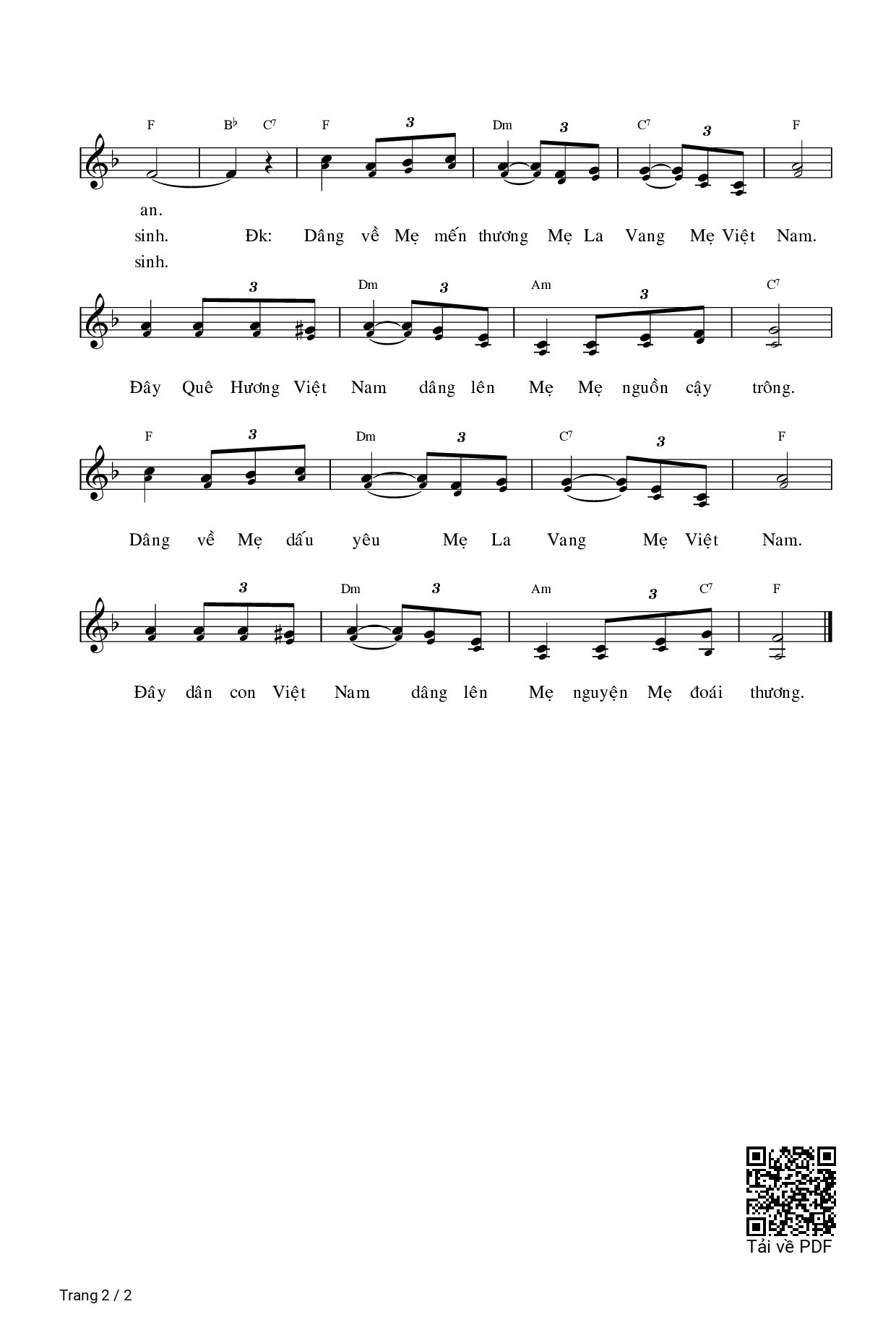 Page 2 of Sheet music PDF Nguyện Cầu Mẹ La Vang - Văn Chi