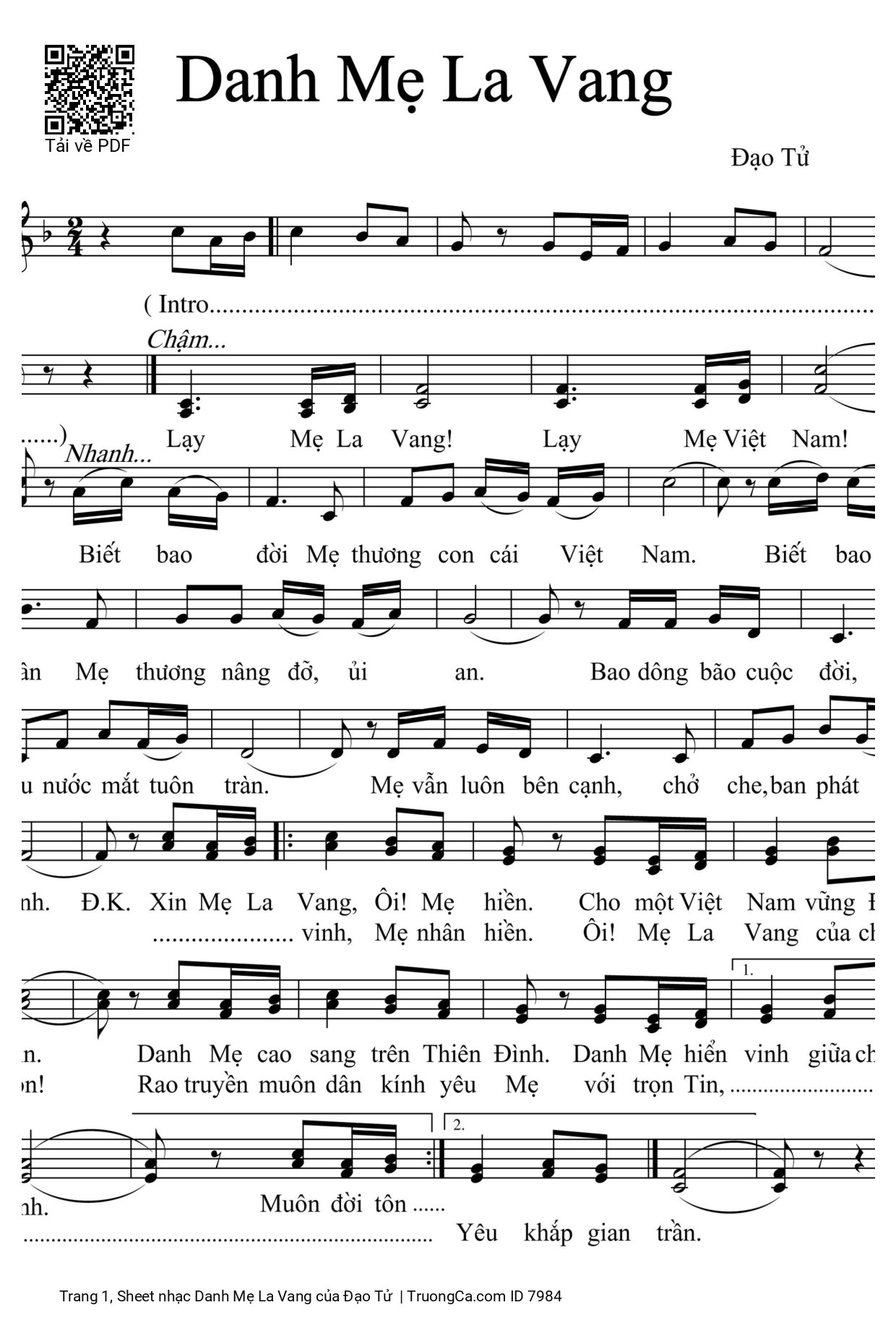 Page 1 of Sheet music PDF Danh Mẹ La Vang - Đạo Tử