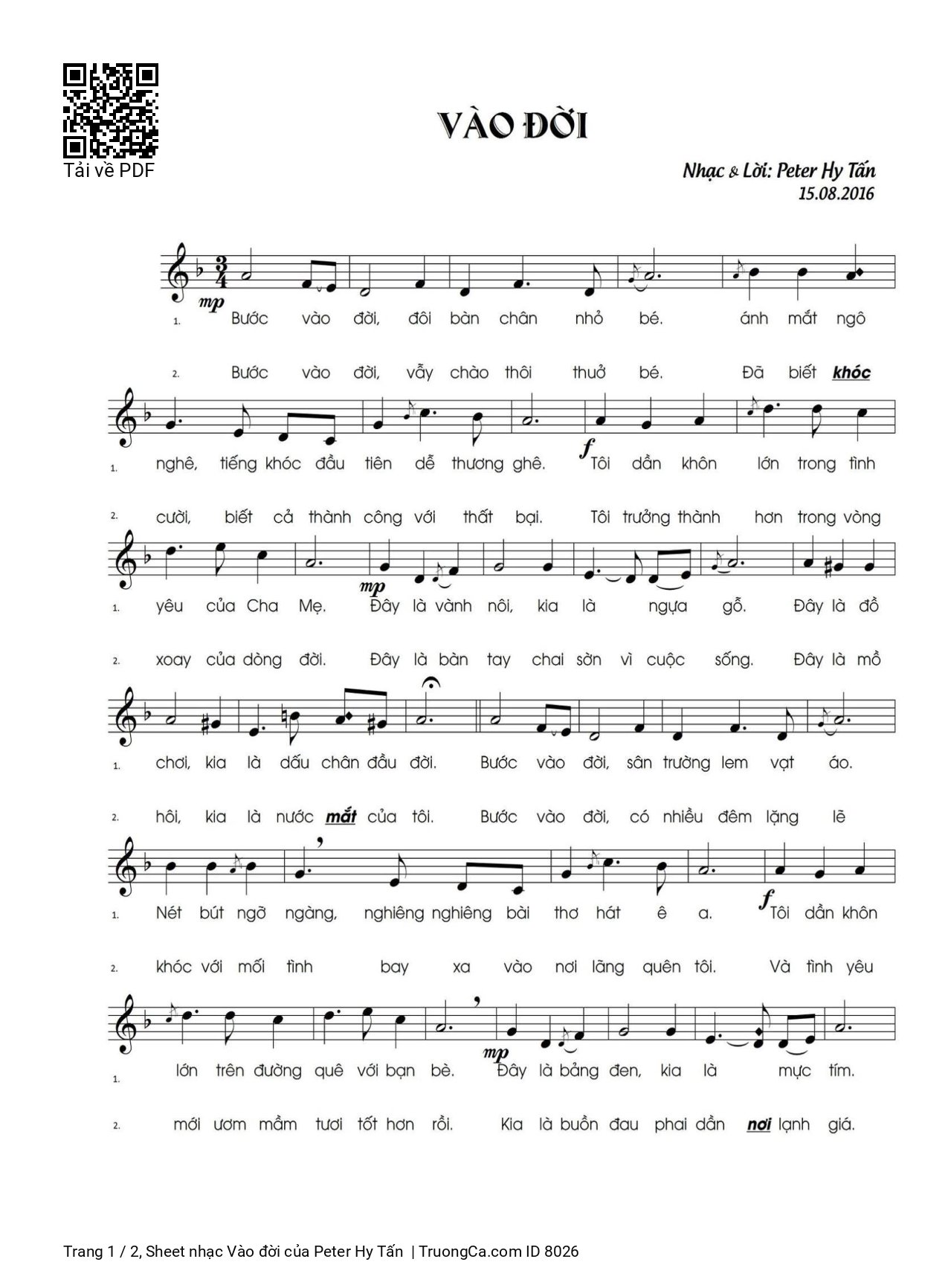 Sheet PDF of Vào đời - Peter Hy Tấn