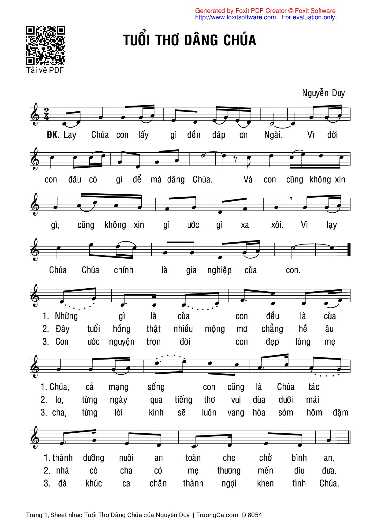 Sheet PDF of Tuổi Thơ Dâng Chúa