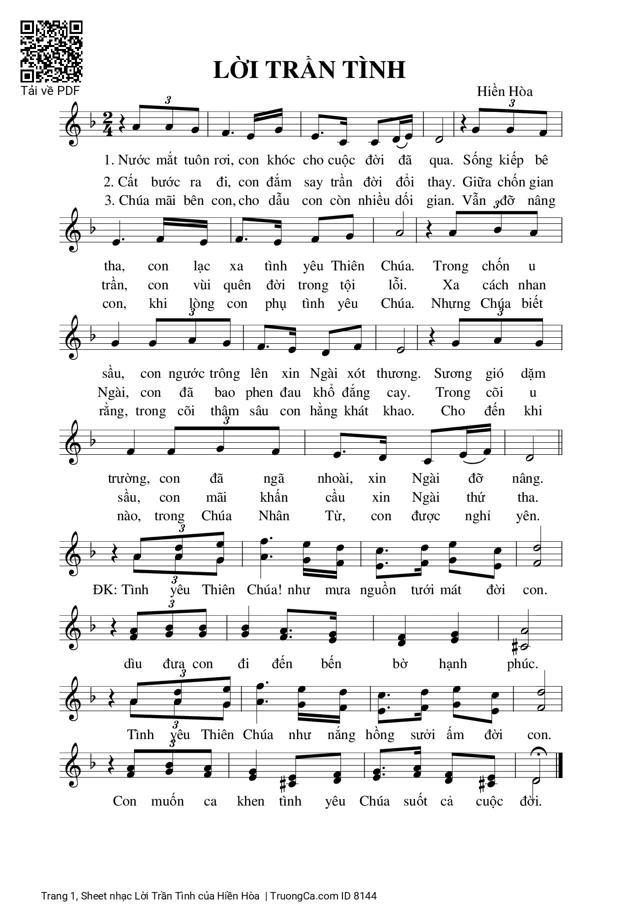 Page 1 of Sheet music PDF Lời Trần Tình - Hiền Hòa