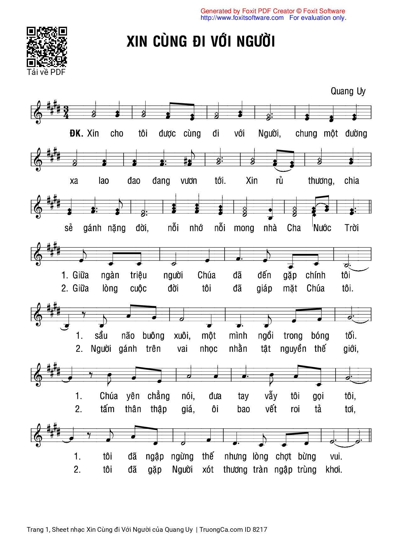 Sheet PDF of Xin Cùng đi Với Người