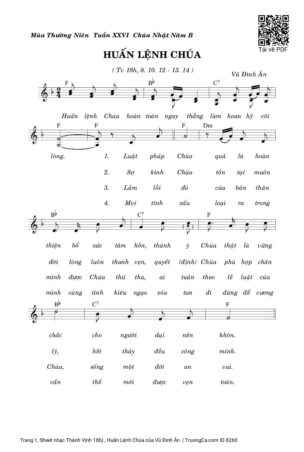 Page 1 of Sheet music PDF Thánh Vịnh 18b) , Huấn Lệnh Chúa - Vũ Đình Ân