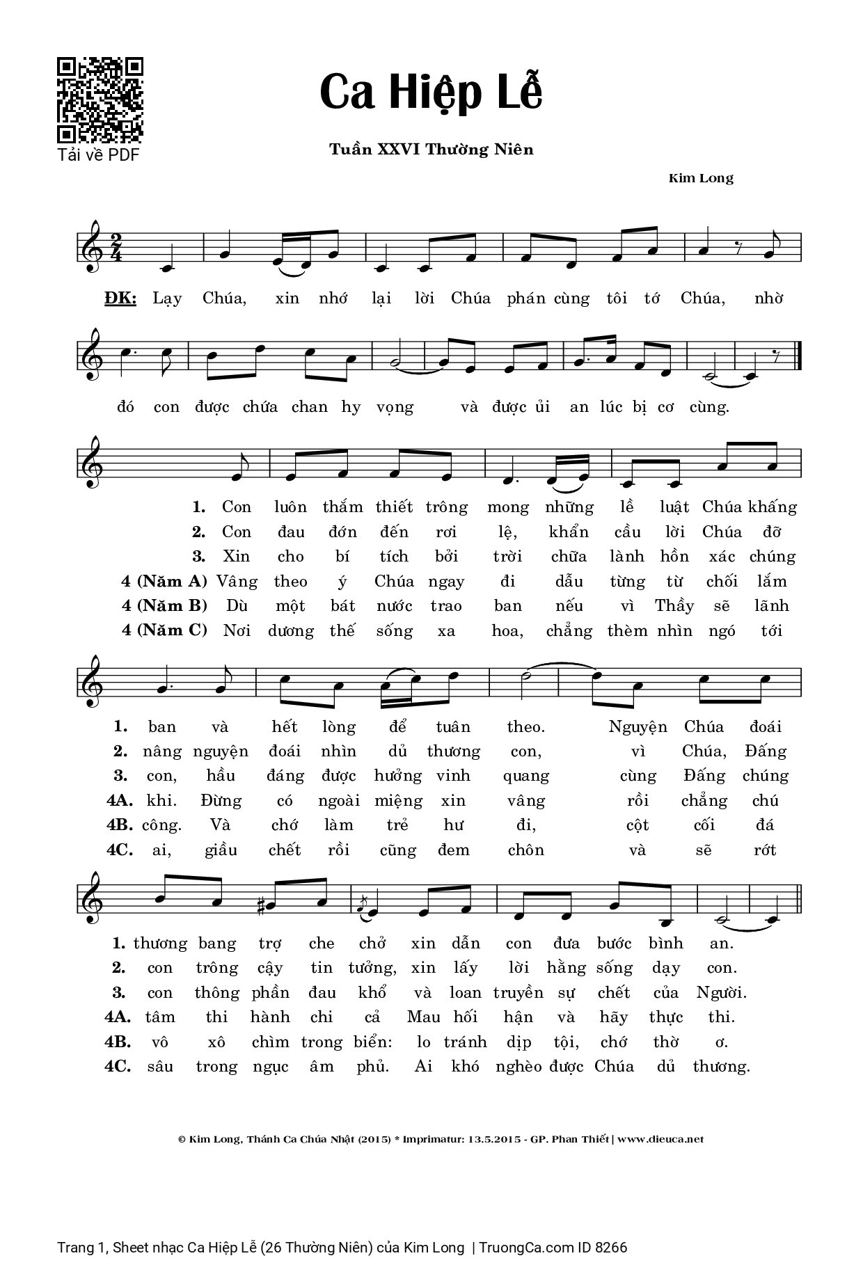 Page 1 of Sheet music PDF Ca Hiệp Lễ (26 Thường Niên) - Kim Long
