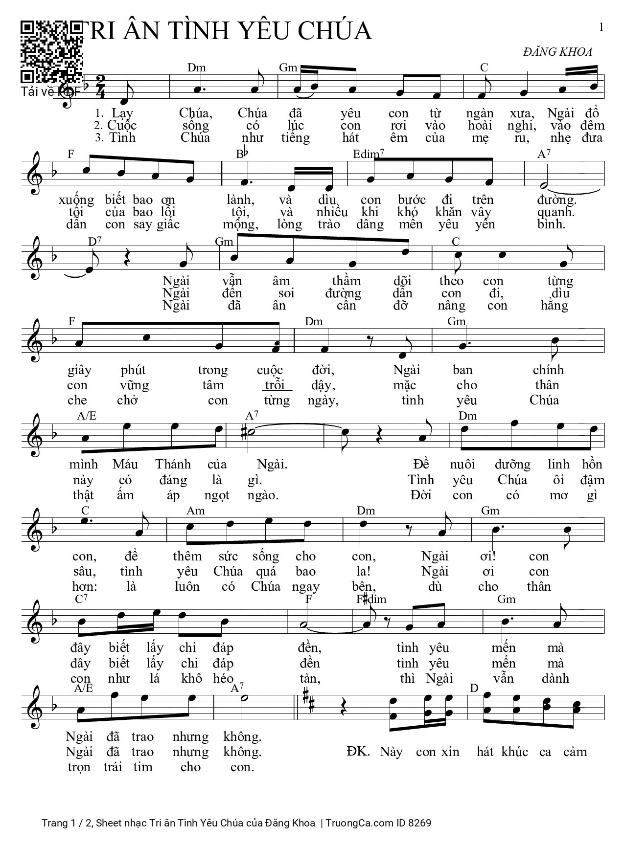 Page 1 of Sheet music PDF Tri ân Tình Yêu Chúa - Đăng Khoa