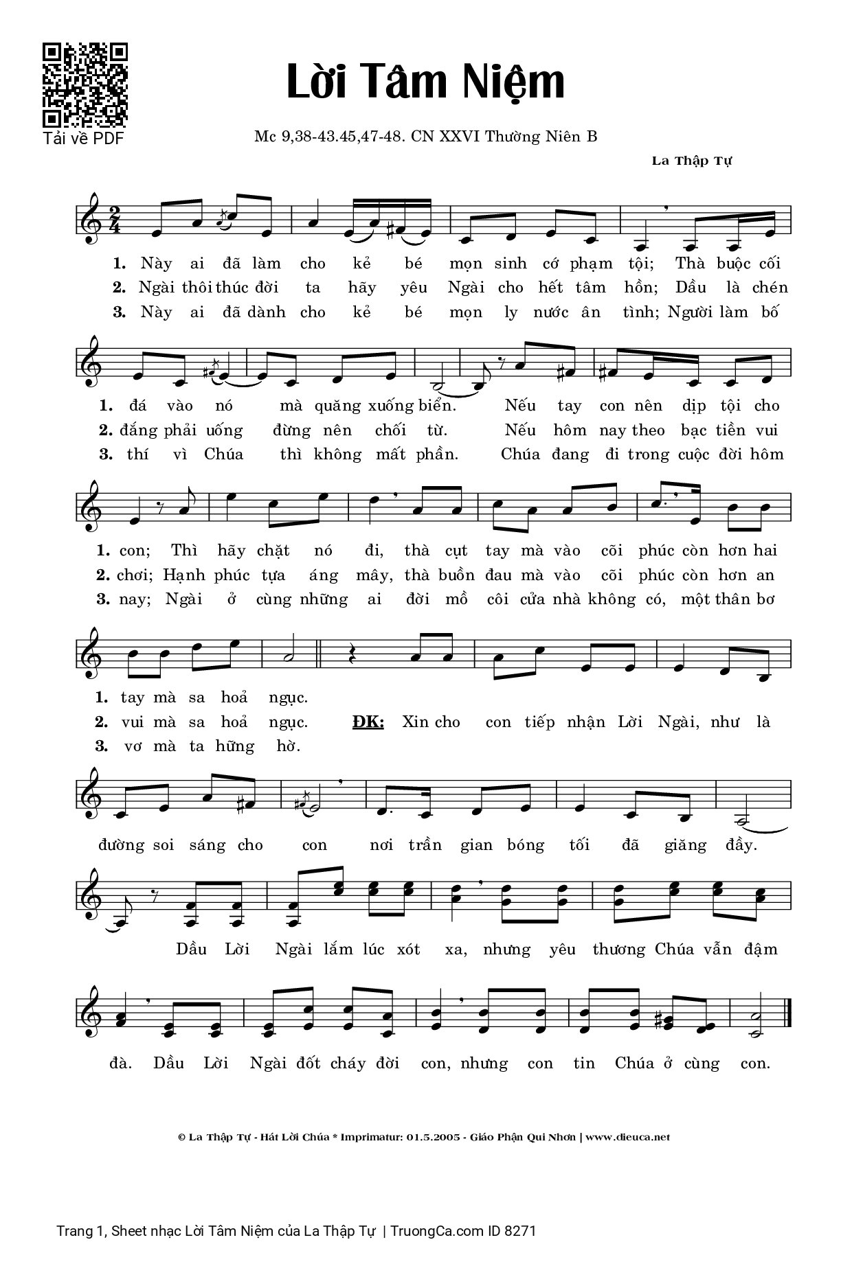 Sheet PDF of Lời Tâm Niệm