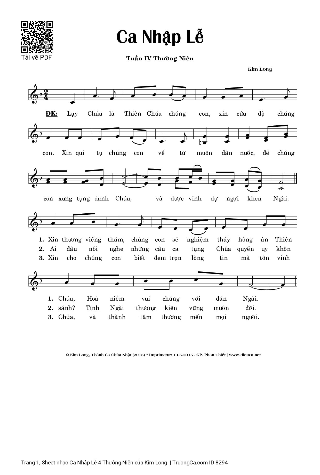 Page 1 of Sheet music PDF Ca Nhập Lễ 4 Thường Niên - Kim Long