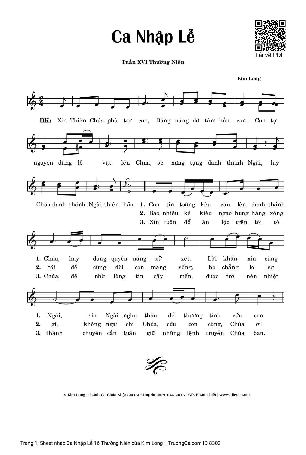 Page 1 of Sheet music PDF Ca Nhập Lễ 16 Thường Niên - Kim Long