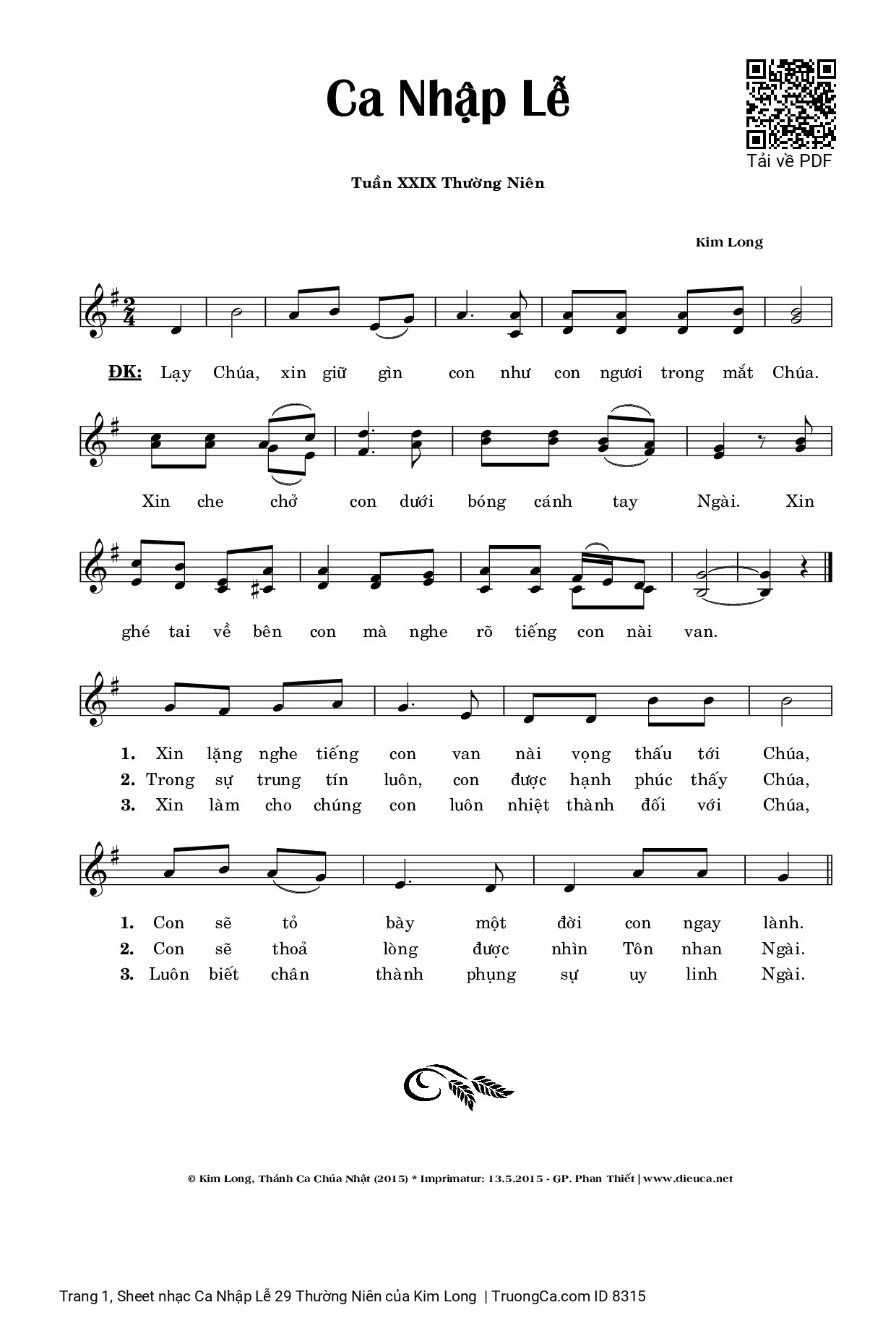 Sheet PDF of Ca Nhập Lễ 29 Thường Niên