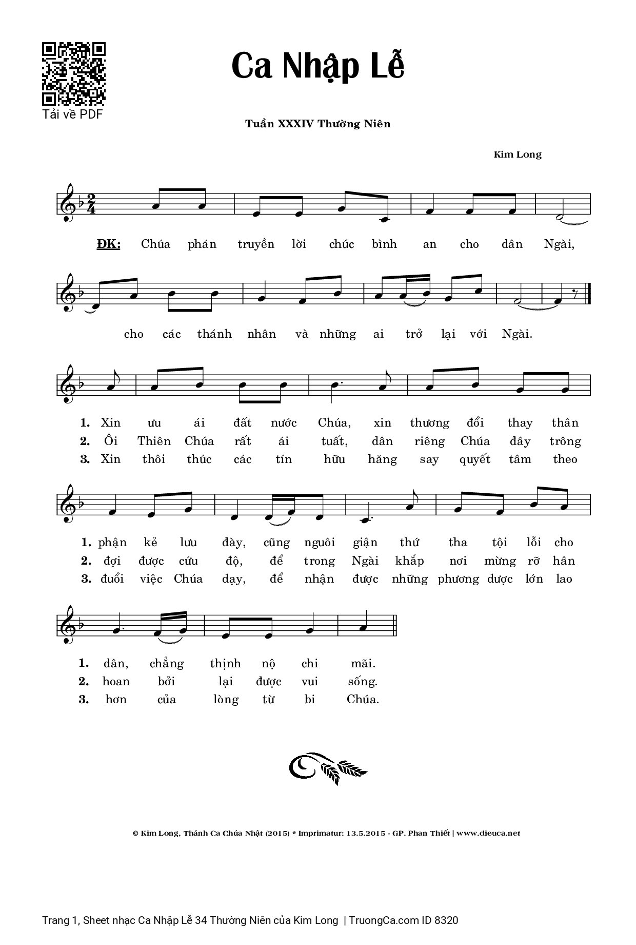Page 1 of Sheet music PDF Ca Nhập Lễ 34 Thường Niên - Kim Long