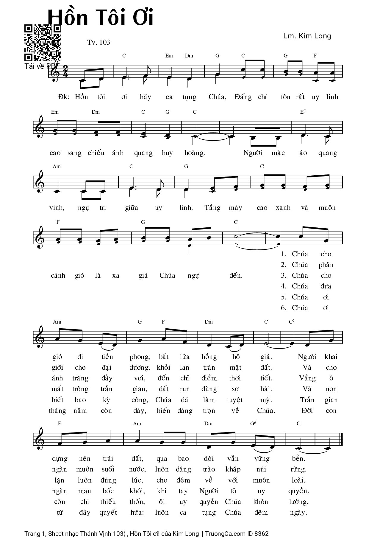 Sheet PDF of Thánh Vịnh 103) , Hồn Tôi ơi!