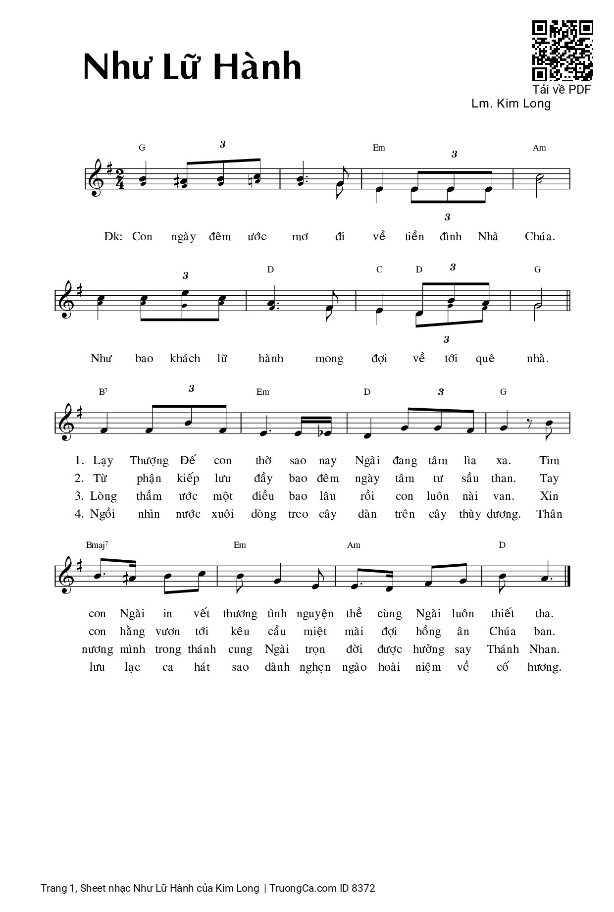 Page 1 of Sheet music PDF Như Lữ Hành - Kim Long