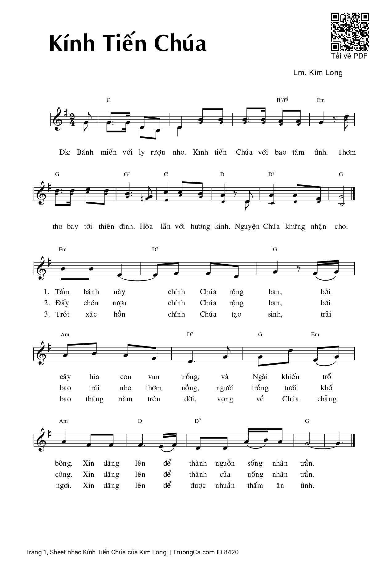 Page 1 of Sheet music PDF Kính Tiến Chúa - Kim Long