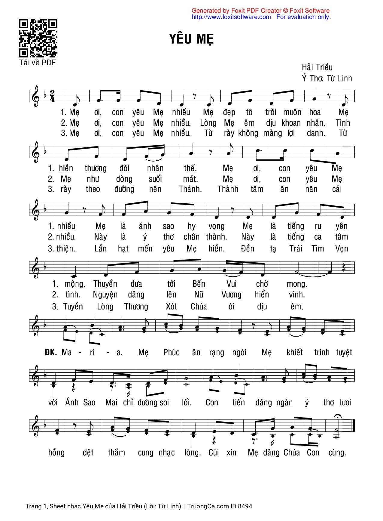 Page 1 of Sheet music PDF Yêu Mẹ - Hải Triều (Lời: Từ Linh)