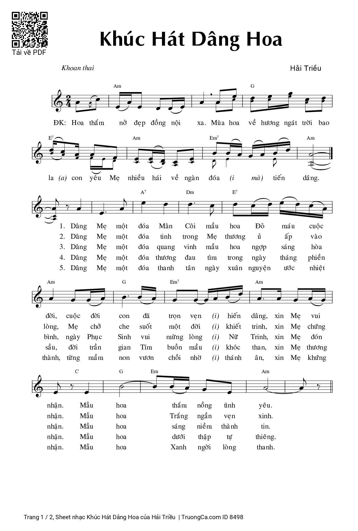 Sheet PDF of Khúc Hát Dâng Hoa