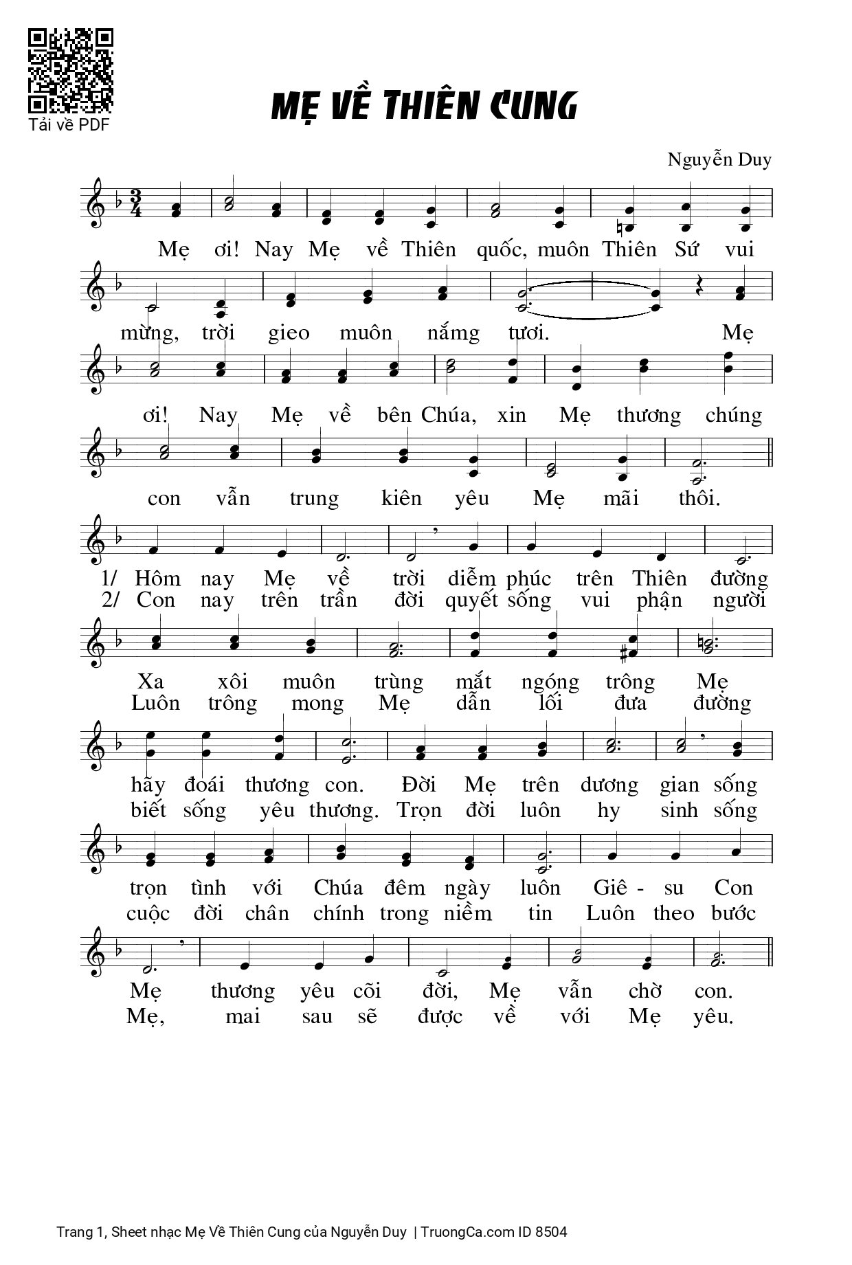 Sheet PDF of Mẹ Về Thiên Cung