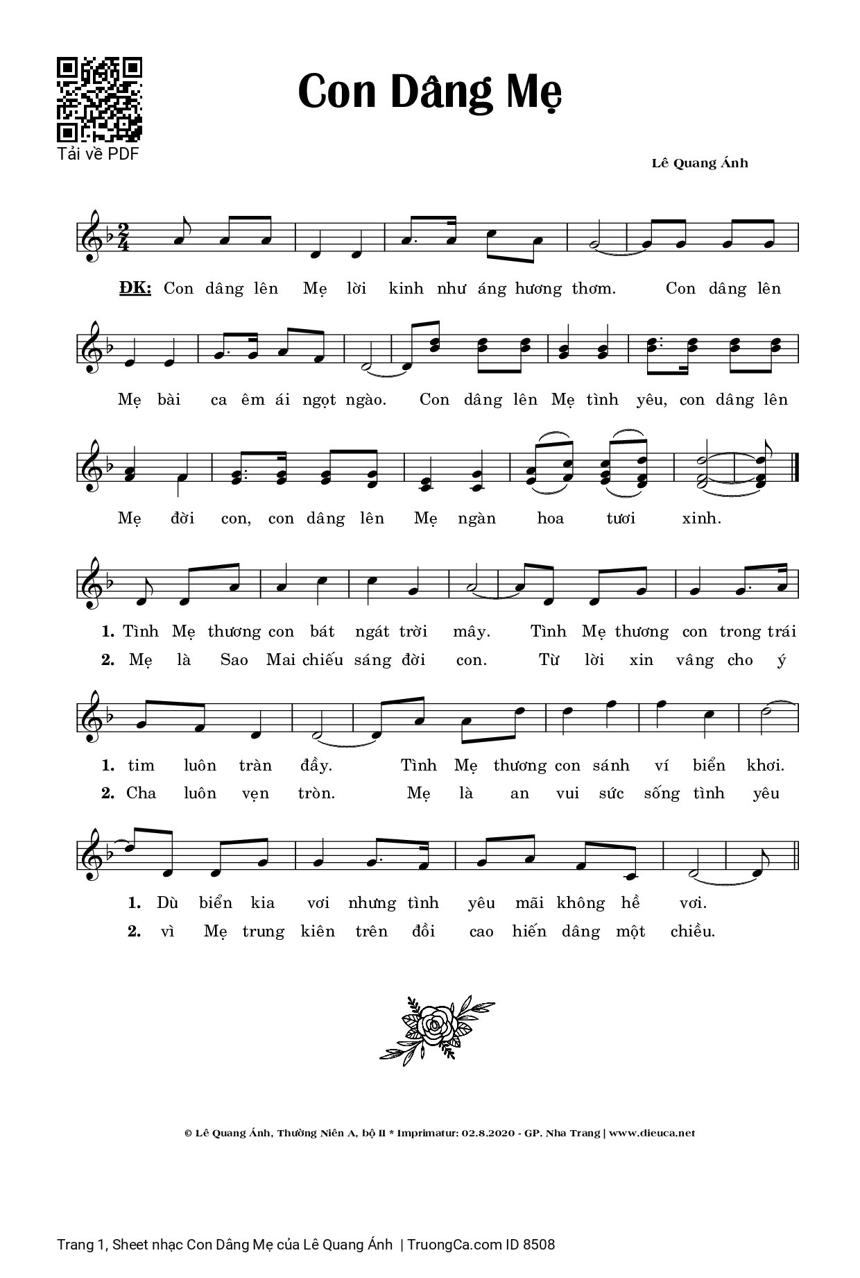 Sheet PDF of Con Dâng Mẹ - Lê Quang Ánh