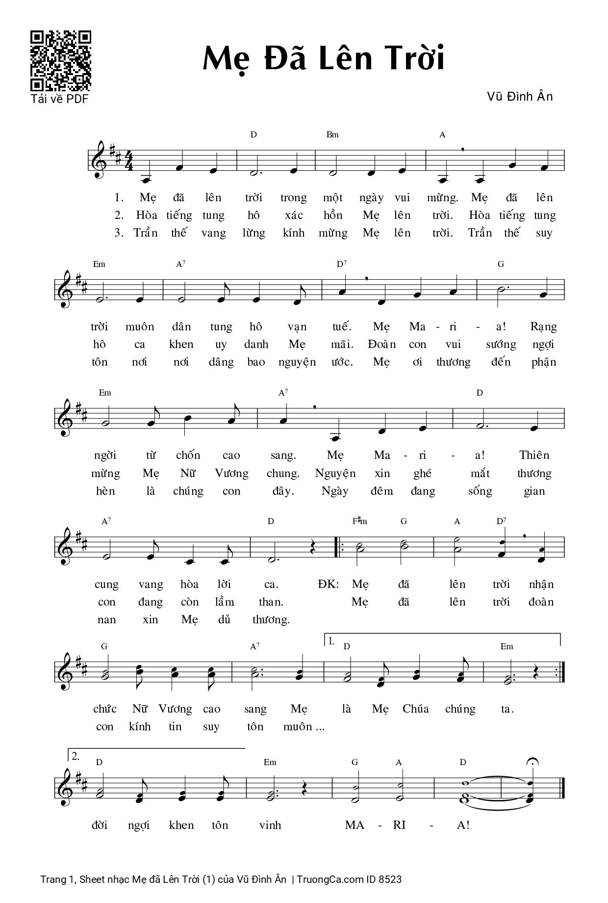 Page 1 of Sheet music PDF Mẹ đã Lên Trời (1) - Vũ Đình Ân