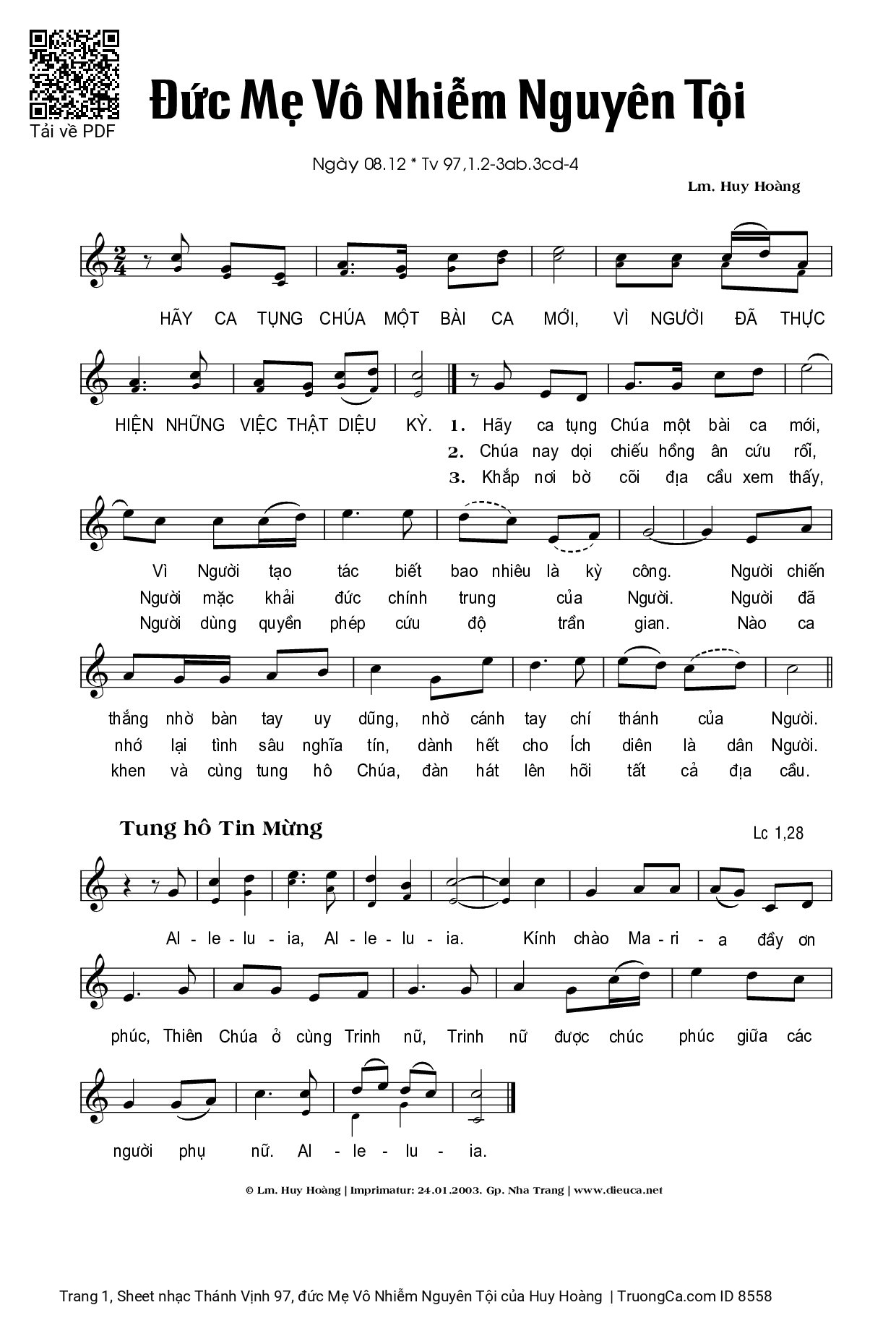 Sheet PDF of Thánh Vịnh 97, đức Mẹ Vô Nhiễm Nguyên Tội