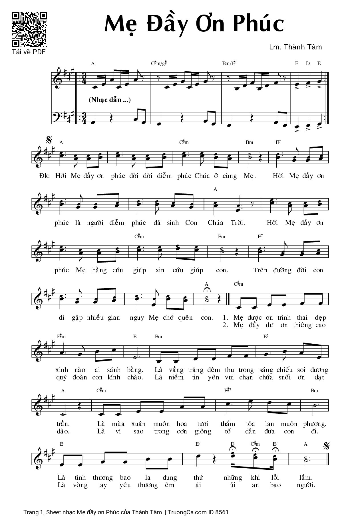 Page 1 of Sheet music PDF Mẹ đầy ơn Phúc - Thành Tâm