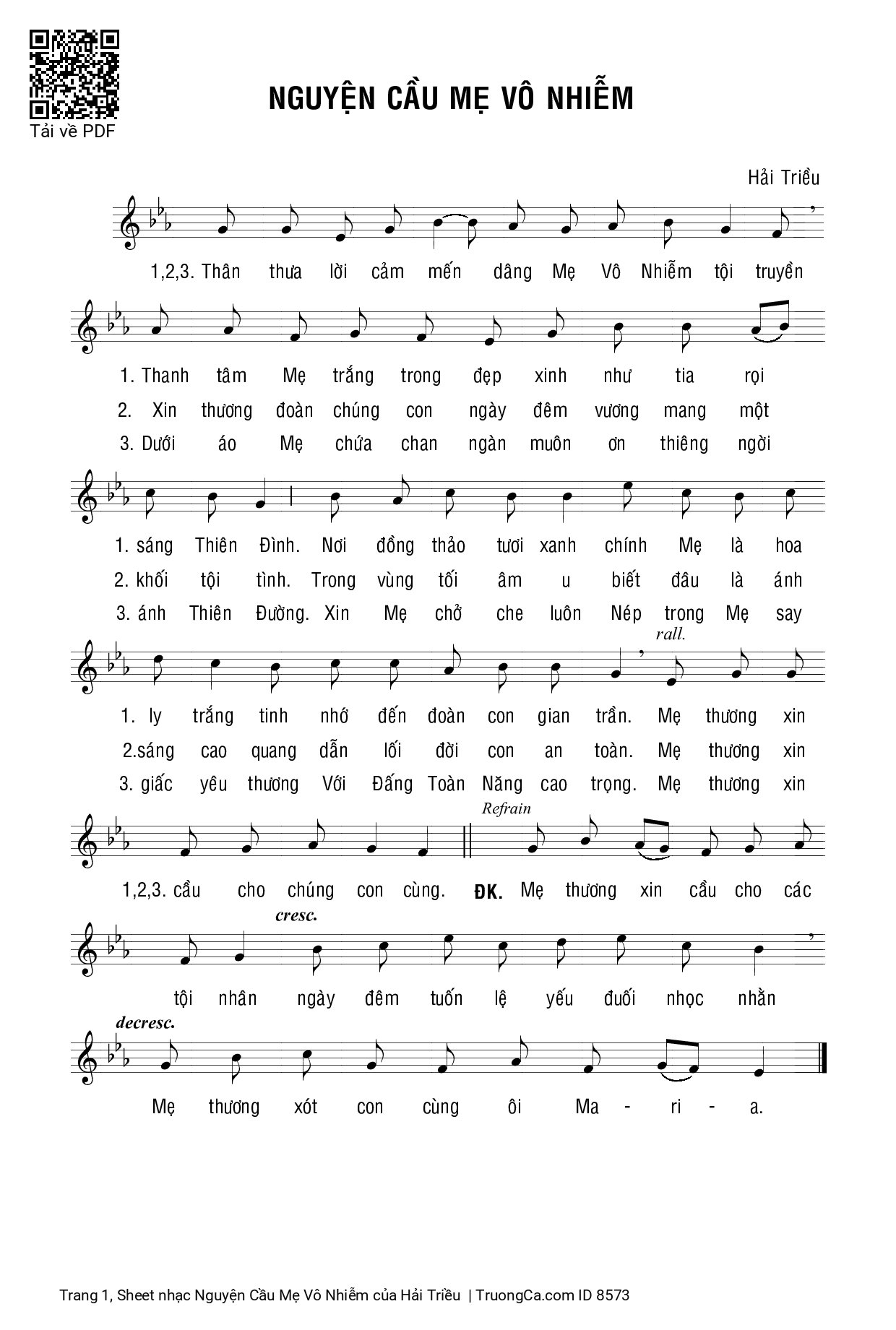 Page 1 of Sheet music PDF Nguyện Cầu Mẹ Vô Nhiễm - Hải Triều
