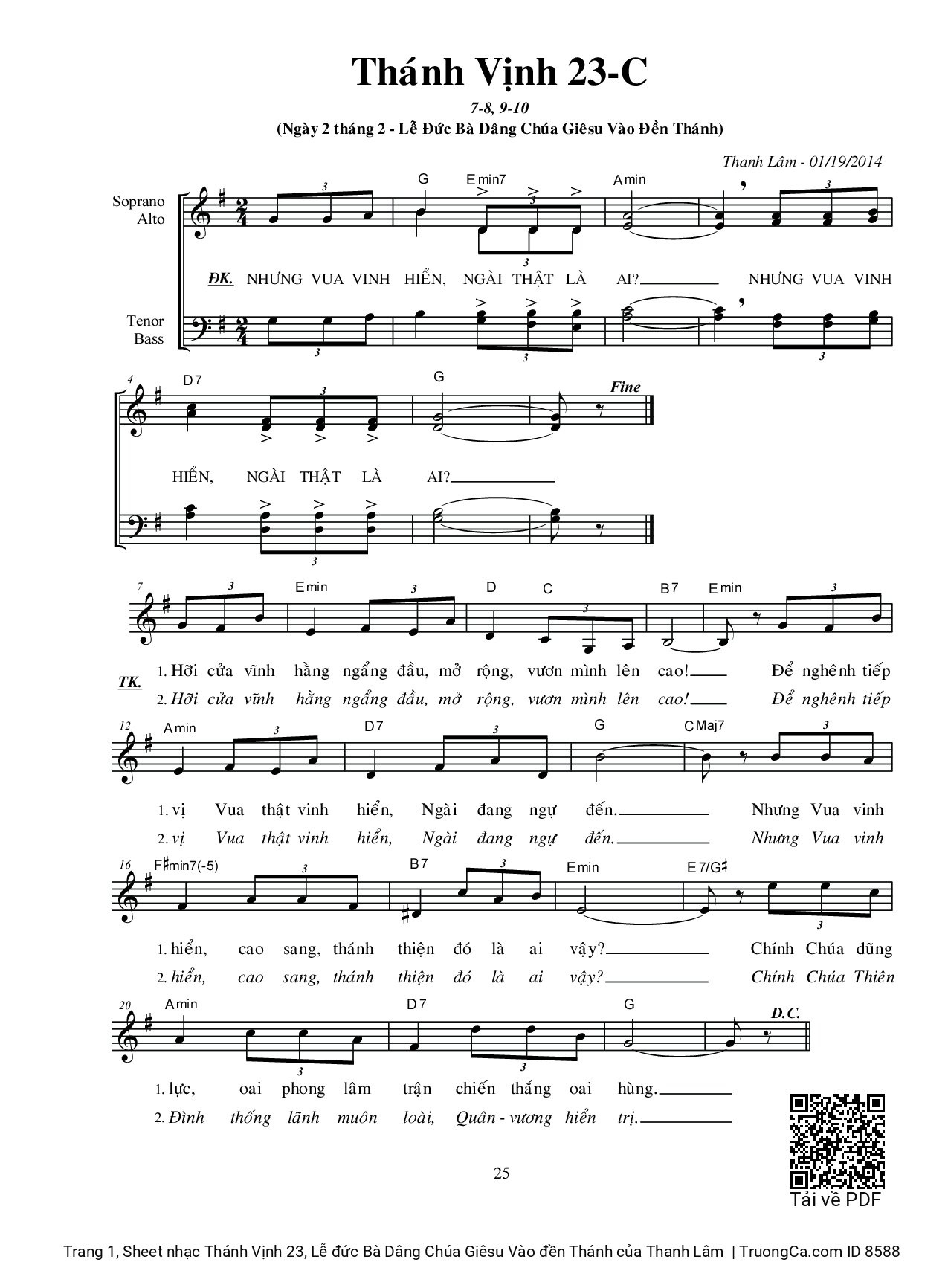 Sheet PDF of Thánh Vịnh 23, Lễ đức Bà Dâng Chúa Giêsu Vào đền Thánh