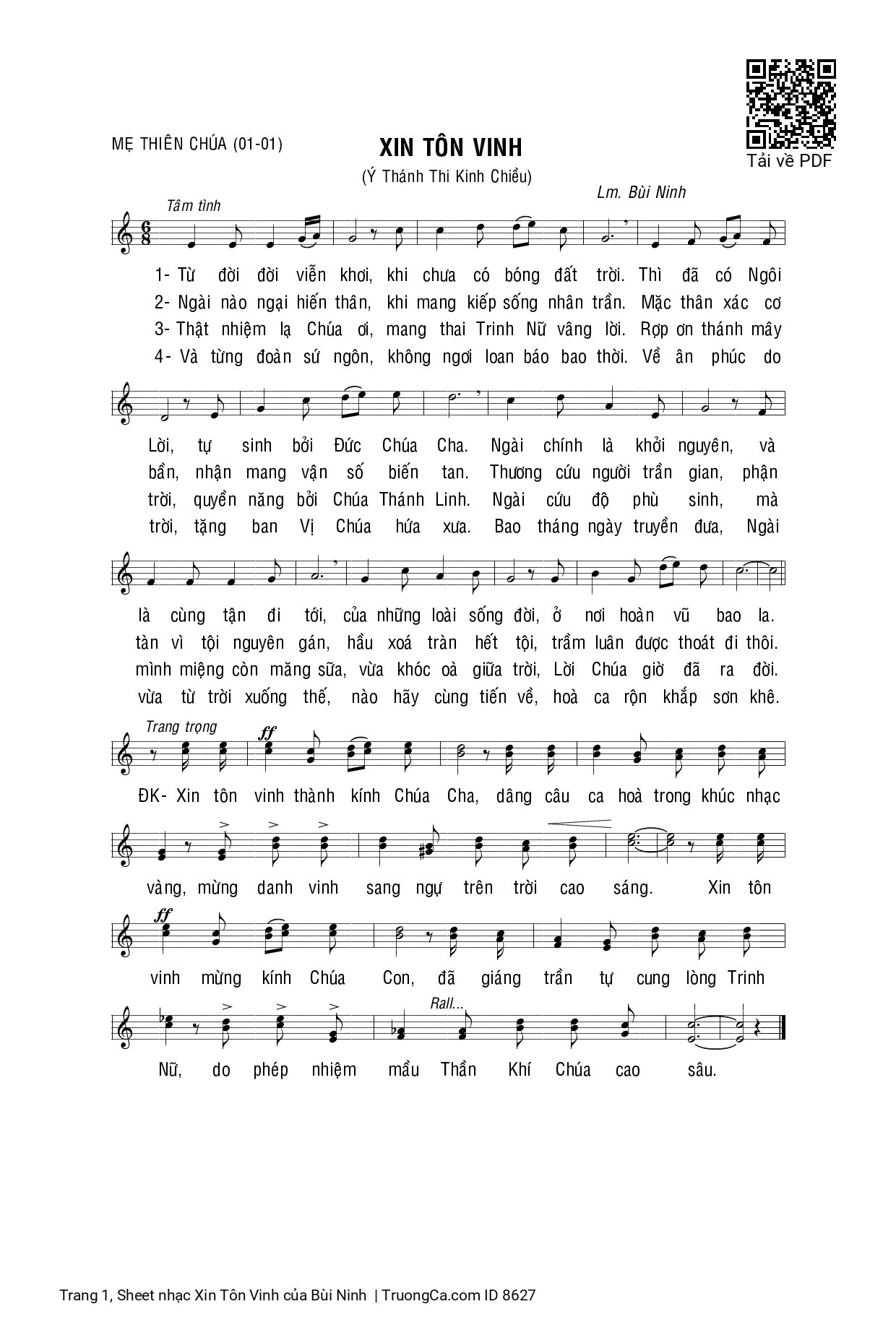 Page 1 of Sheet music PDF Xin Tôn Vinh - Bùi Ninh