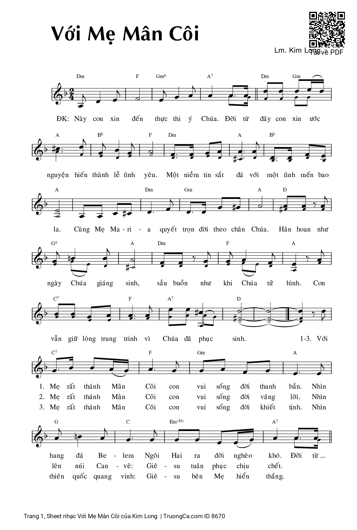 Page 1 of Sheet music PDF Với Mẹ Mân Côi - Kim Long