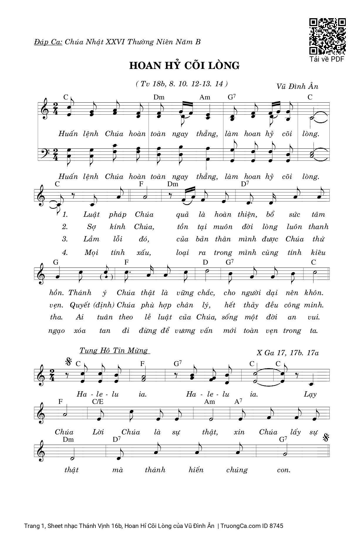 Sheet PDF of Thánh Vịnh 16b, Hoan Hỉ Cõi Lòng