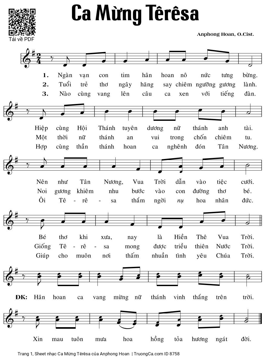 Page 1 of Sheet music PDF Ca Mừng Têrêsa - Anphong Hoan