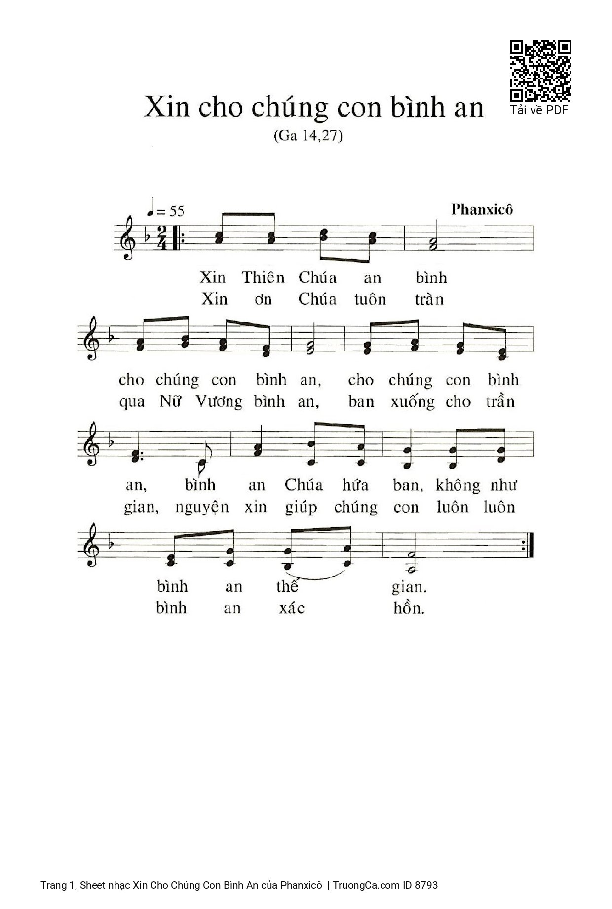 Sheet PDF of Xin Cho Chúng Con Bình An